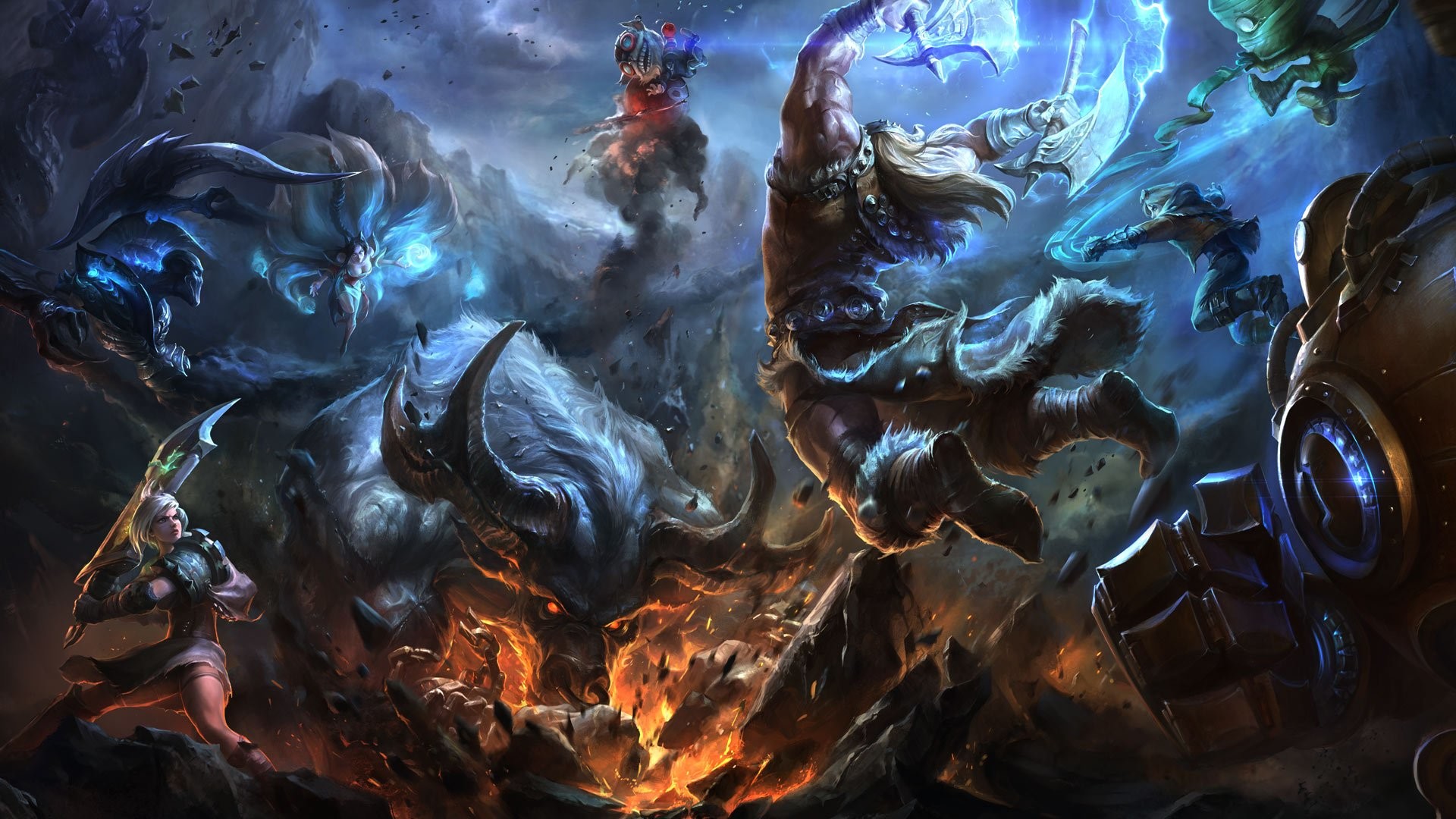 League of Legends, Campioni, Battaglia, Toni blu, Full HD 1080p, sfondo desktop