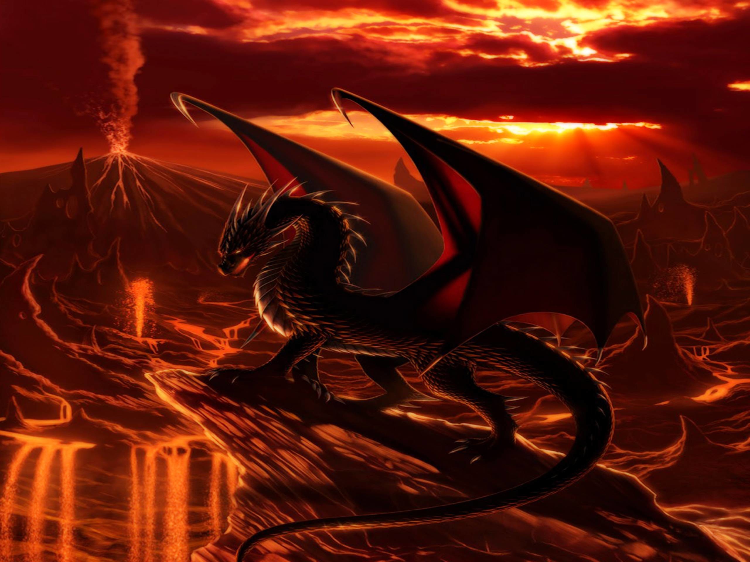 Drago nero, Vulcano, Lava, Rosso, 2K, schermata di blocco iPad