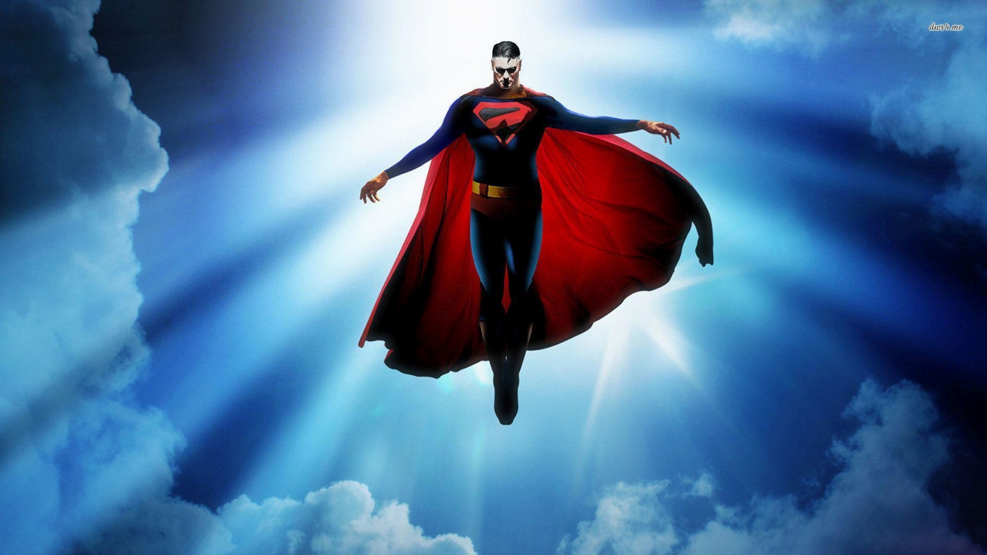 Superman, Volo, Raggi di luce, Nuvole, Cielo blu, Full HD 1080p, sfondo desktop