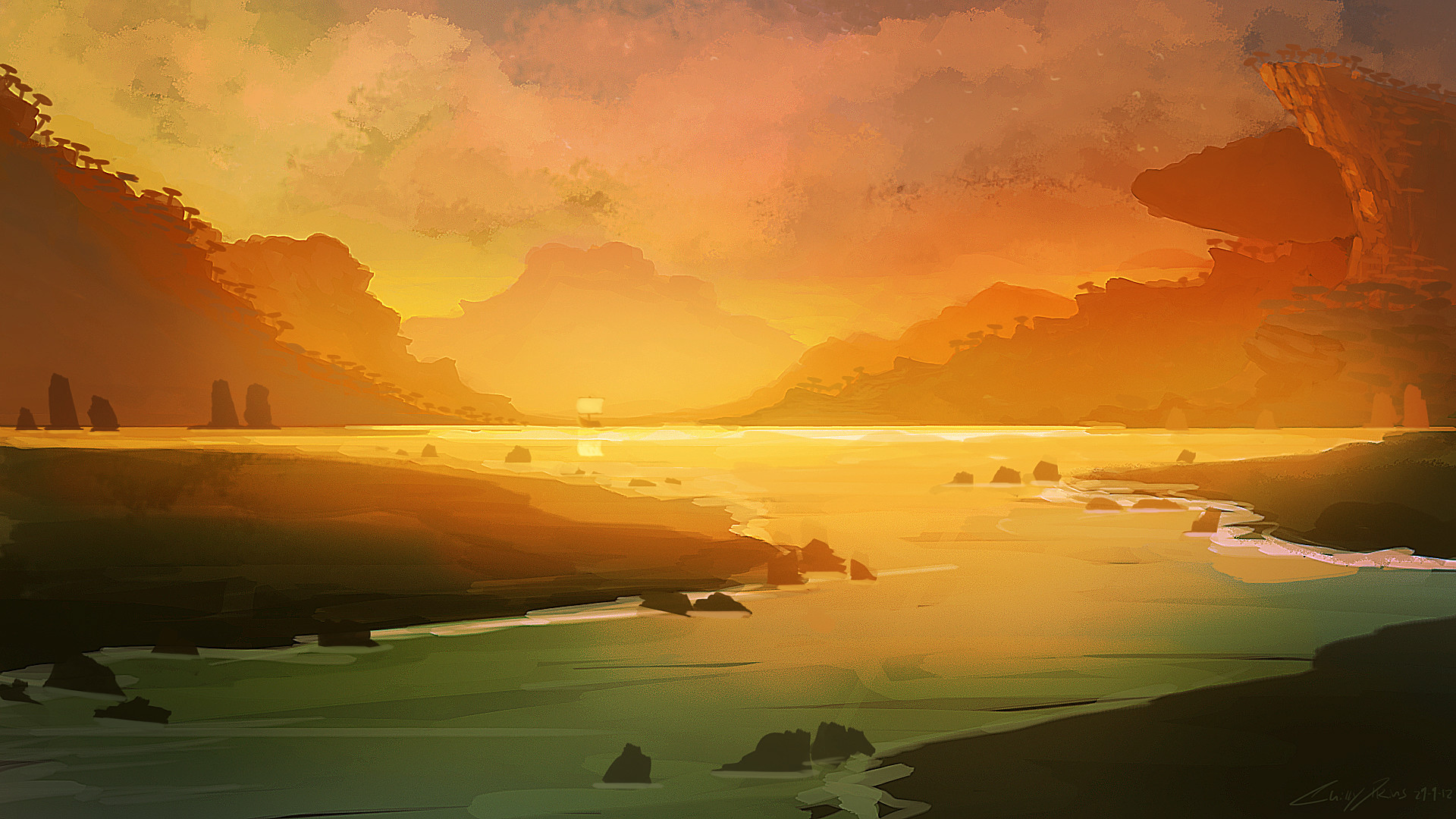 Paesaggio, Fiume, Tramonto, Pittura digitale, Cielo arancione, 16:9 Full HD, sfondo widescreen