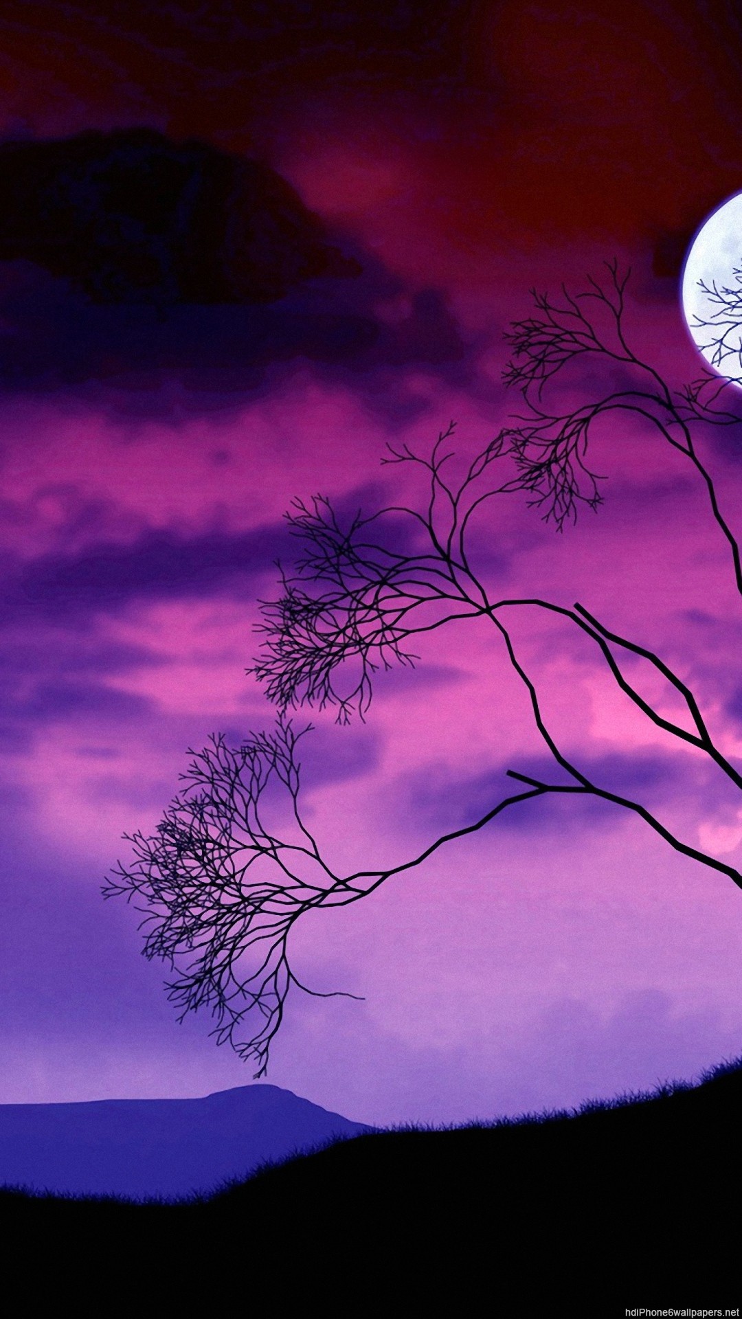 Silhouette albero, Luna, Cielo viola, Tramonto, sfondo iPhone 6