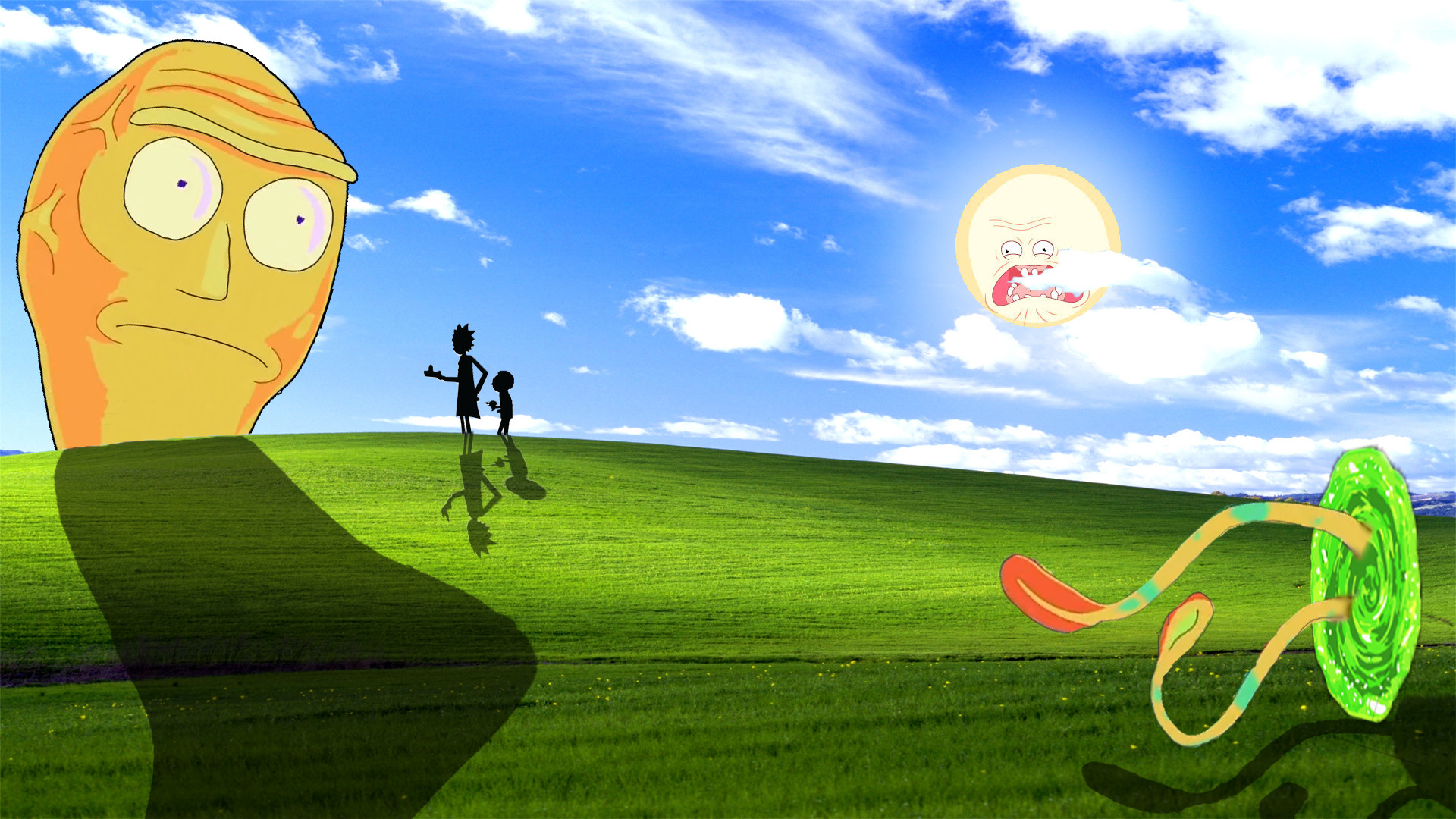 Rick and Morty, Testa gigante, Windows XP Bliss, Portale, Full HD, wallpaper per PC
