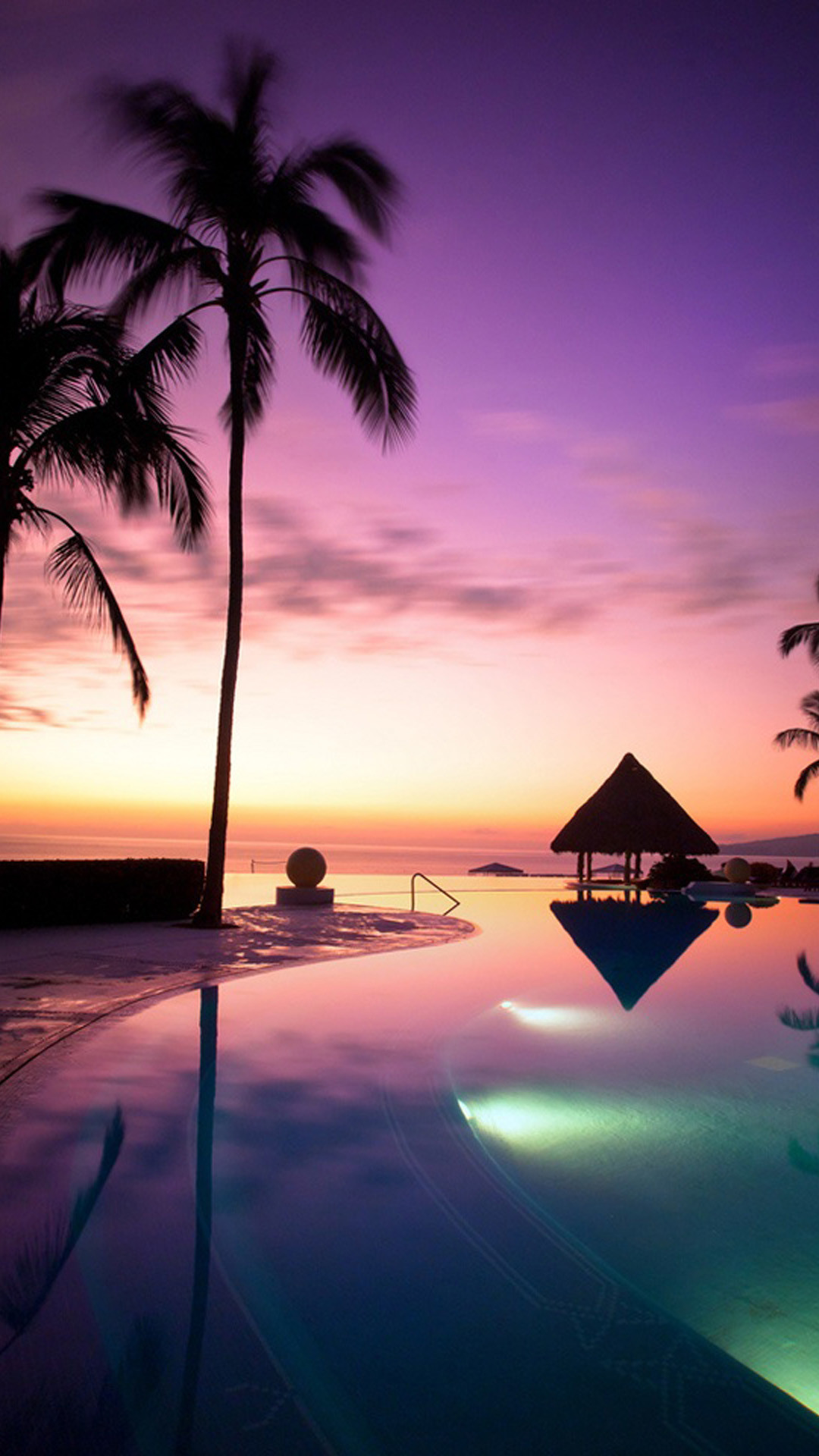 Maldive, Piscina a sfioro, Palme, Tramonto, sfondo iPhone 7 Plus verticale