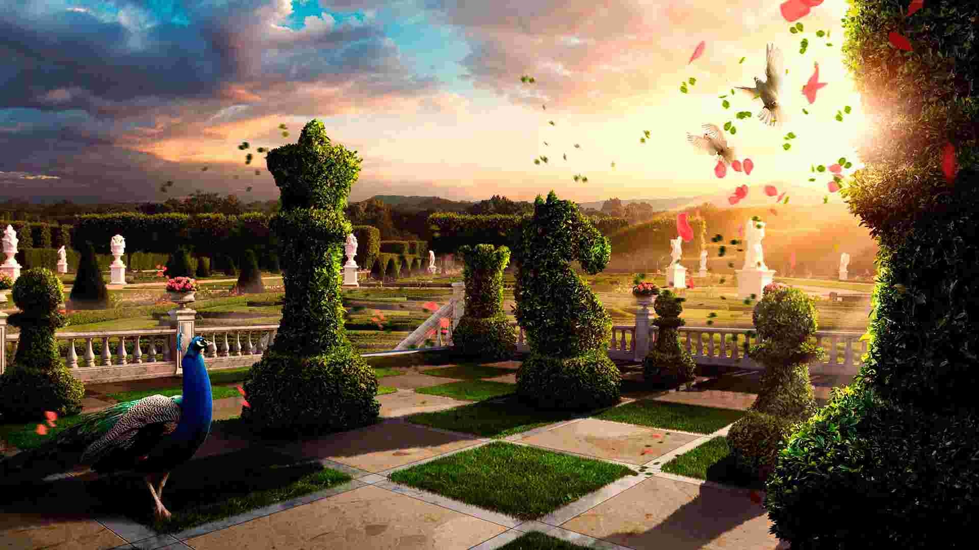 Scacchi giganti, Giardino topiario, Pavone, Tramonto, Arte digitale, sfondo Full HD per computer