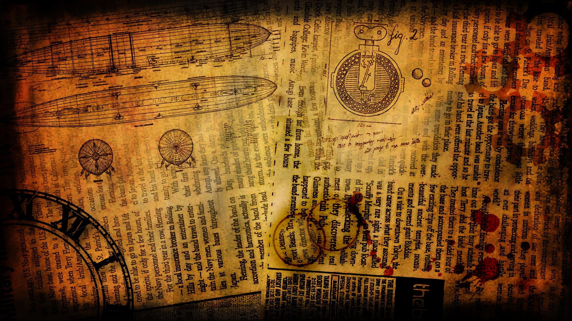 Giornale vecchio, Schizzi, Orologio, Texture vintage, Full HD, sfondo Windows 11