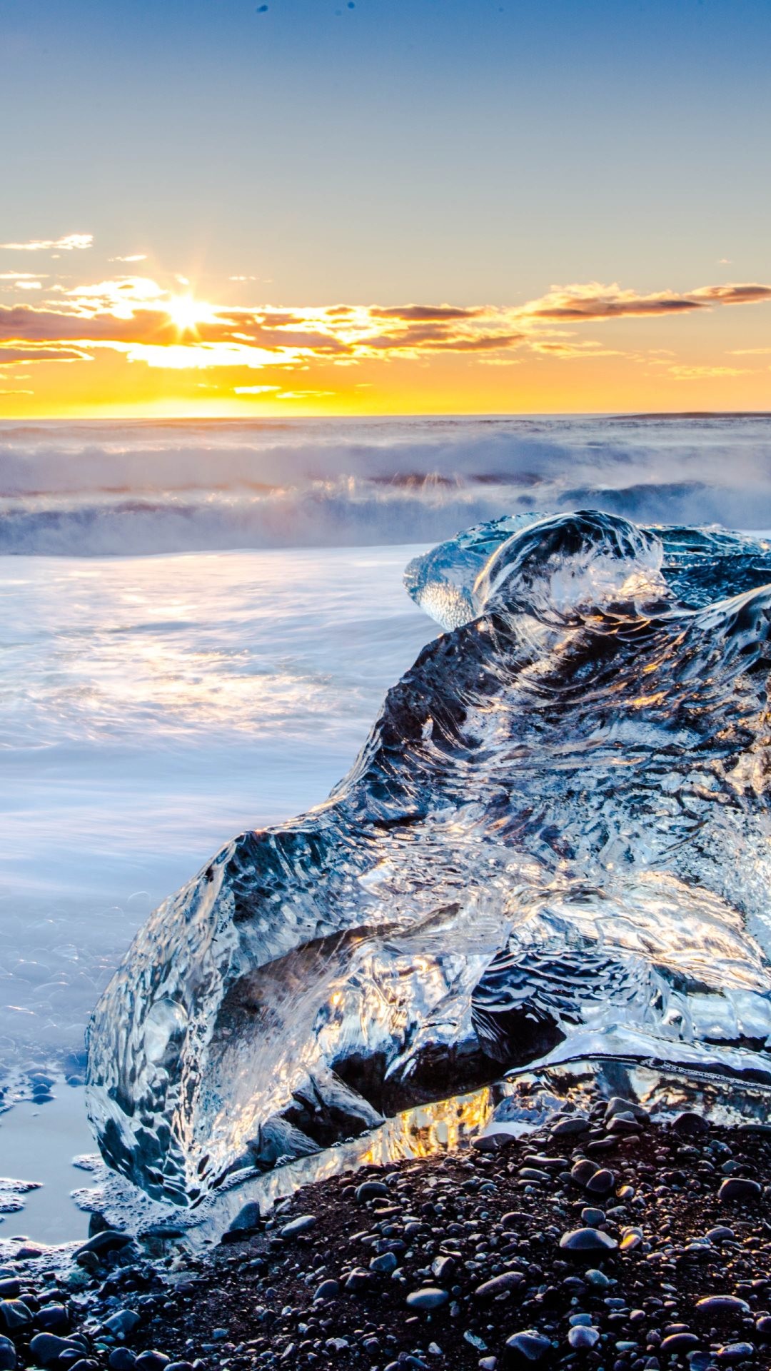 Ghiaccio, Spiaggia, Tramonto, Islanda, schermata Home dello smartphone