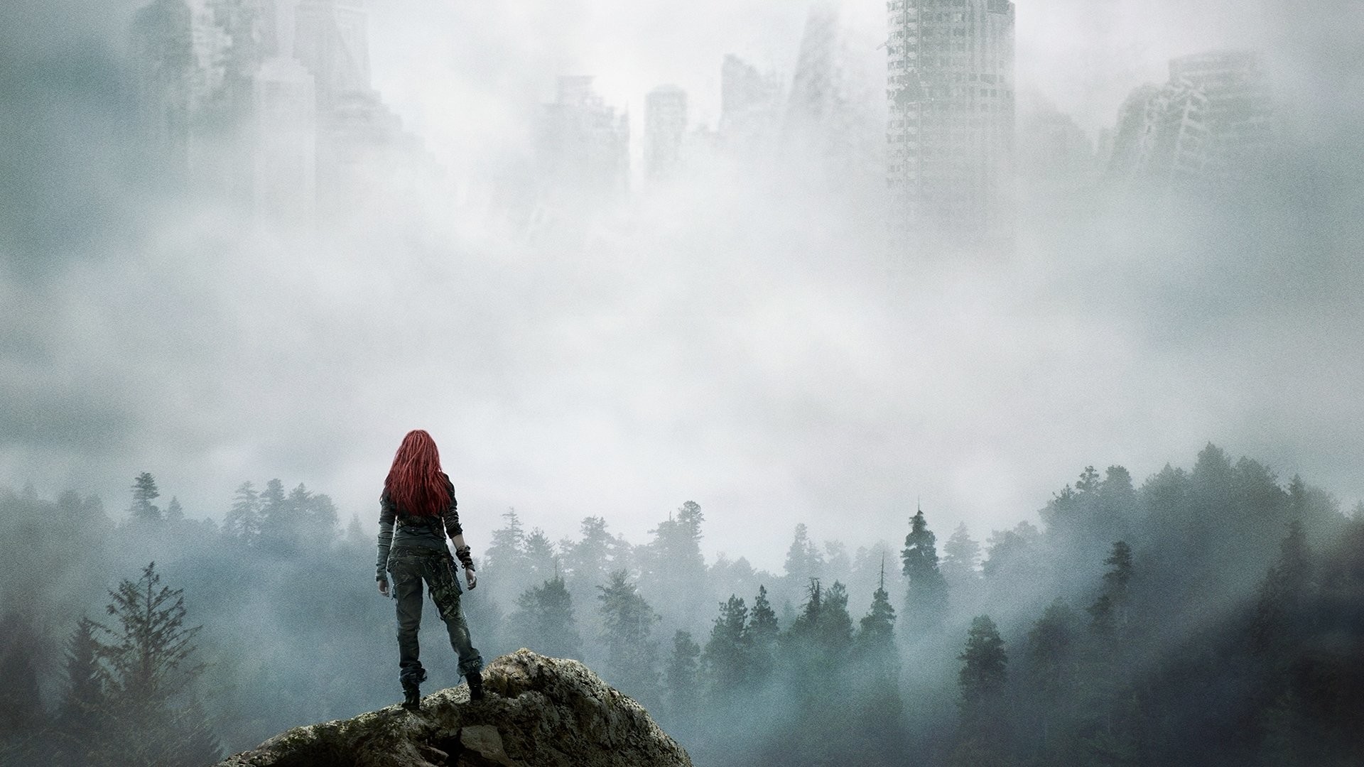 The 100, Foresta nella nebbia, Rovine della città, Silhouette, Full HD, sfondo per portatile