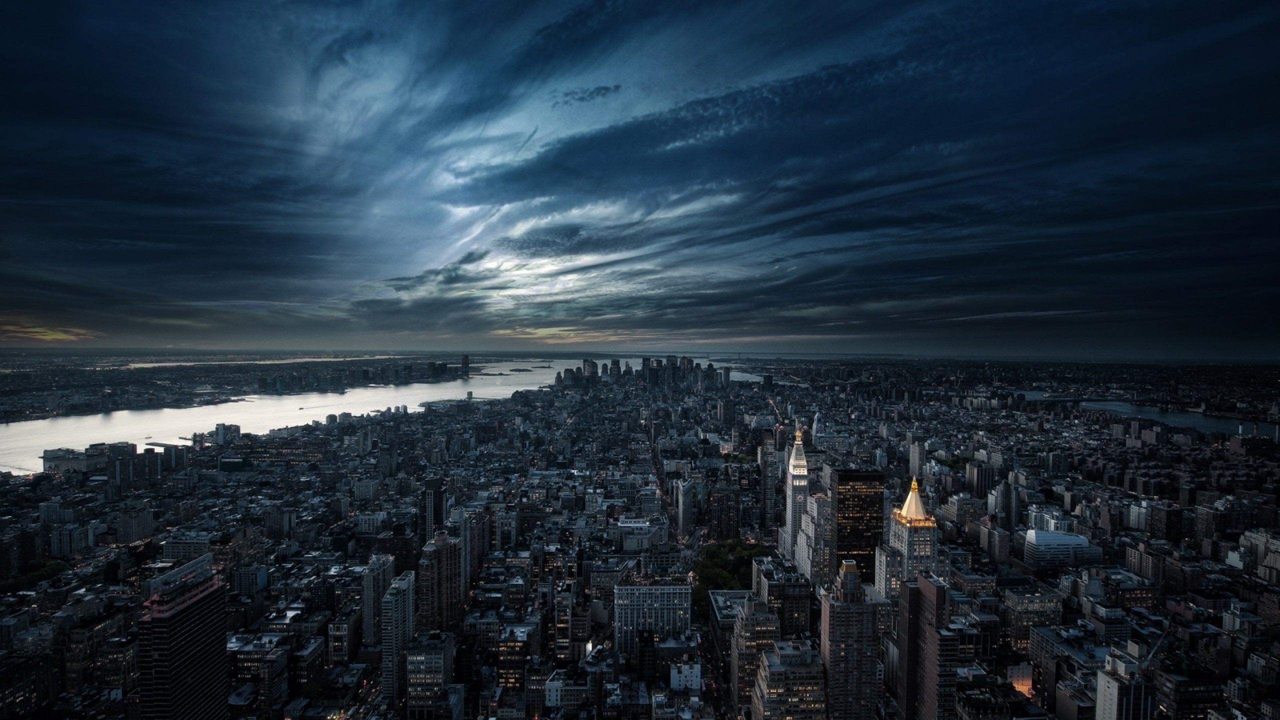 Città, Vista aerea, Nuvole, Notte, 16:9 2K, sfondo widescreen