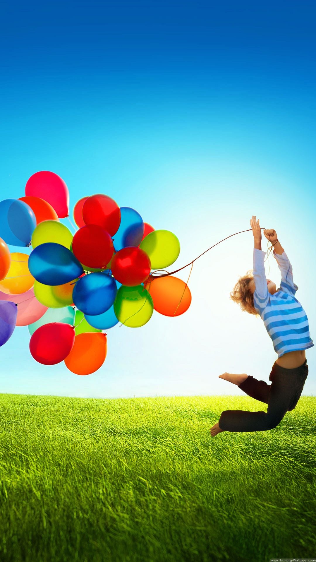 Samsung Galaxy S4, Palloncini, Bambino, Prato, Cielo blu, Full HD, sfondo per smartphone