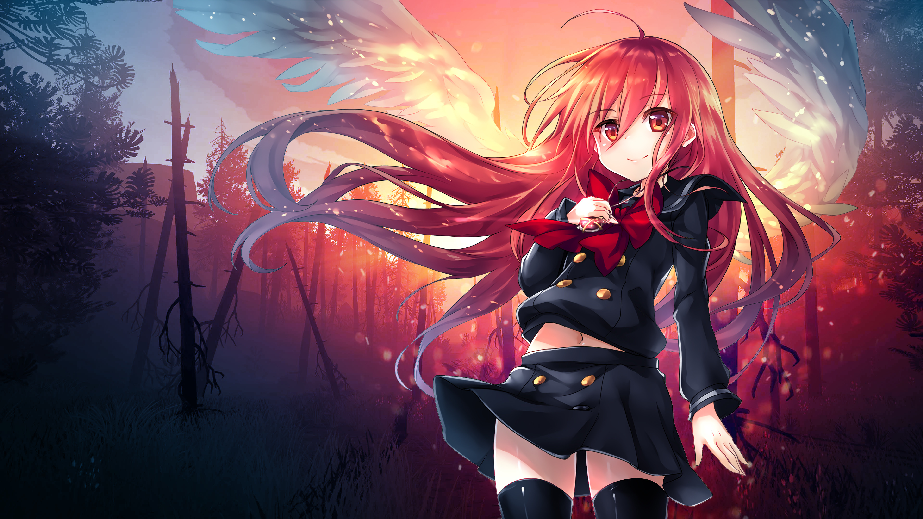 Shana, Shakugan no Shana, Capelli rossi, Foresta, Fiamme, 4K, sfondo per portatile
