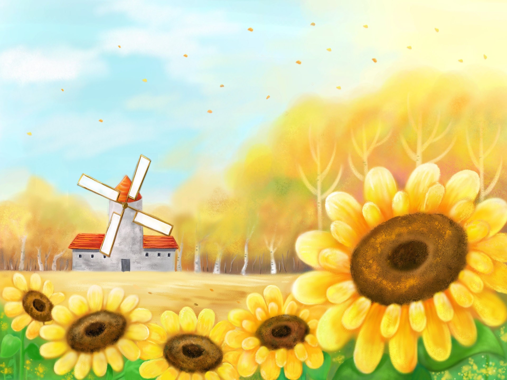 Girasoli, Mulino a vento, Autunno, Illustrazione, sfondo per iPad e tablet