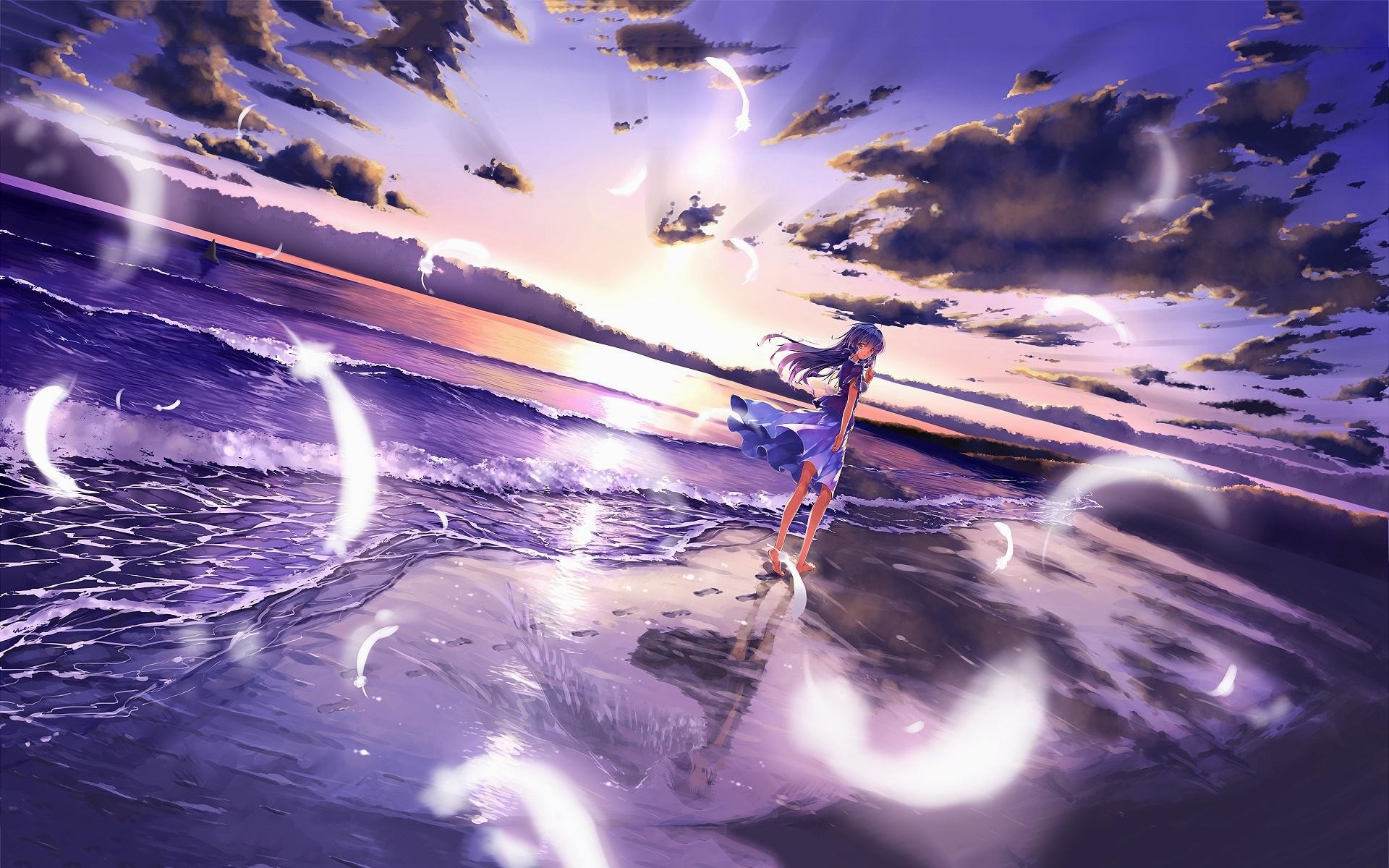 Ragazza anime, Mare, Piume, Tramonto, Viola, 1920x1200, immagine di sfondo