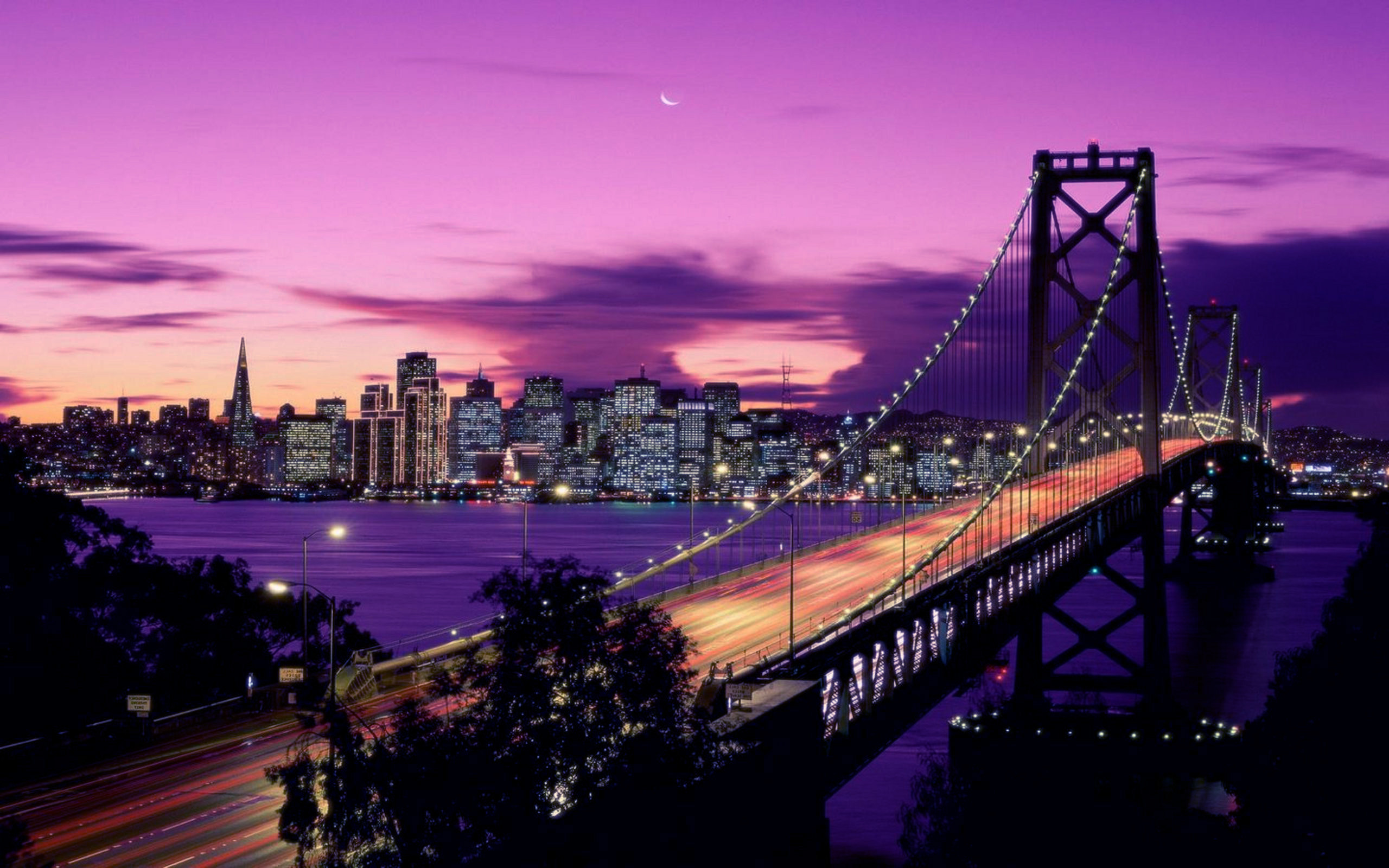 Bay Bridge, San Francisco, Skyline, Cielo viola, Notte, 2K 1600p, sfondo desktop