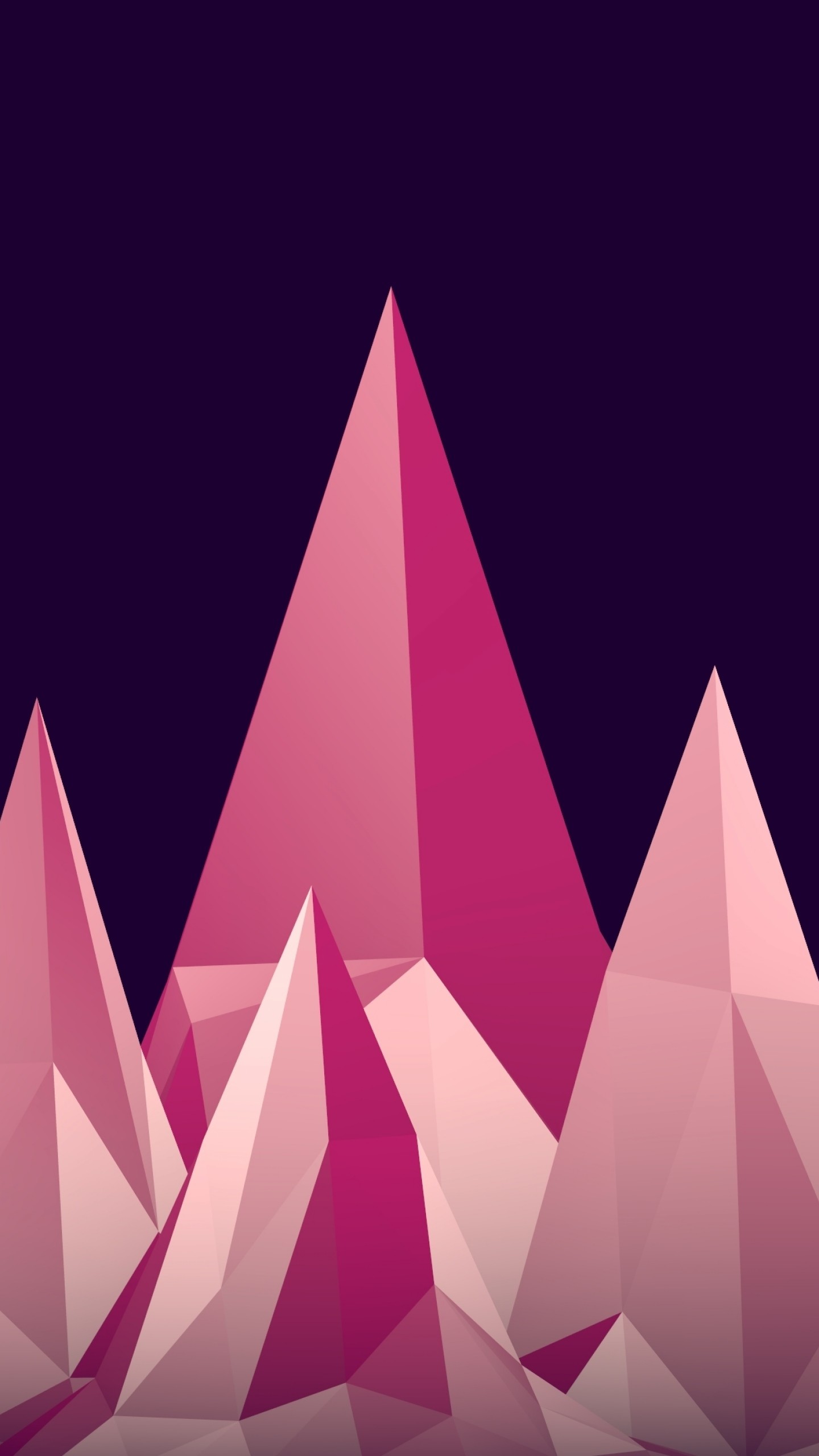 Low poly, Cristalli rosa, Montagne, Sfondo viola, QHD+, schermata di blocco del cellulare