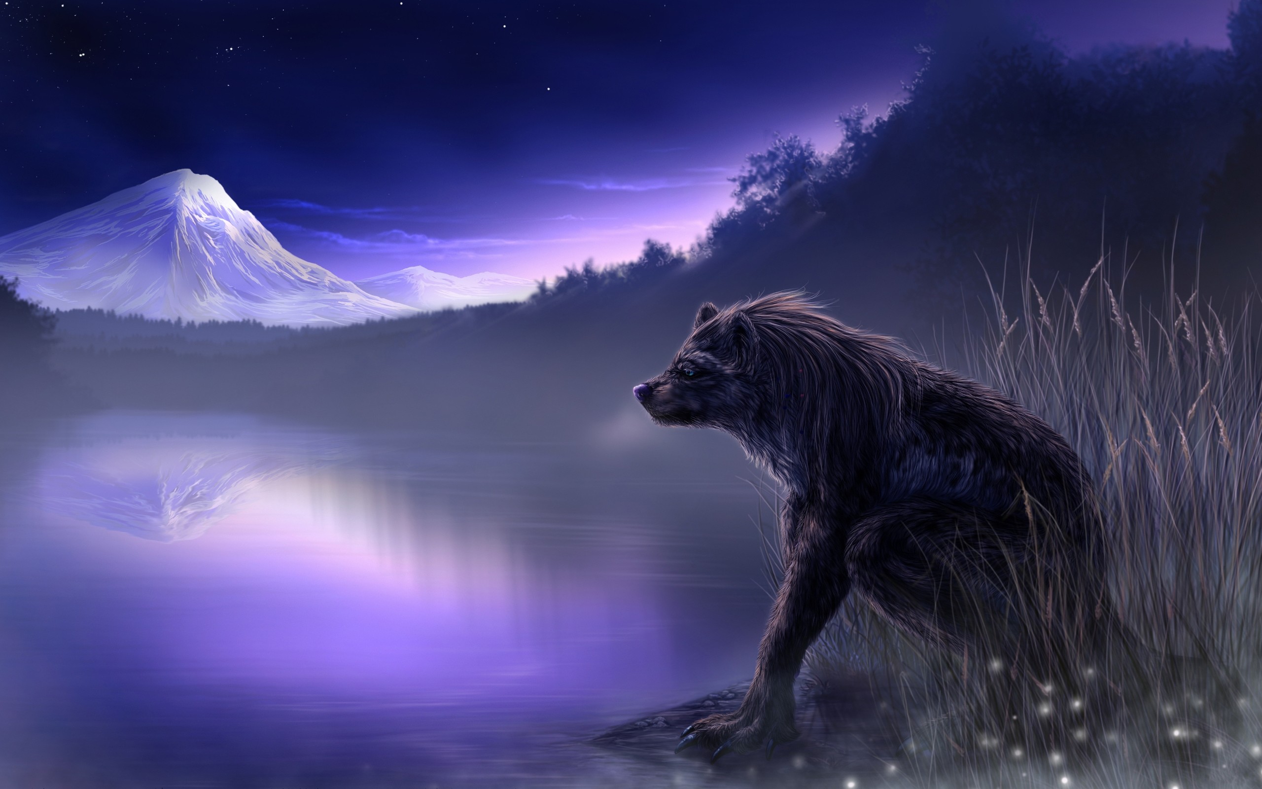 Lupo, Lago, Monte Fuji, Notte, Arte digitale, 2K 1600p, sfondo desktop