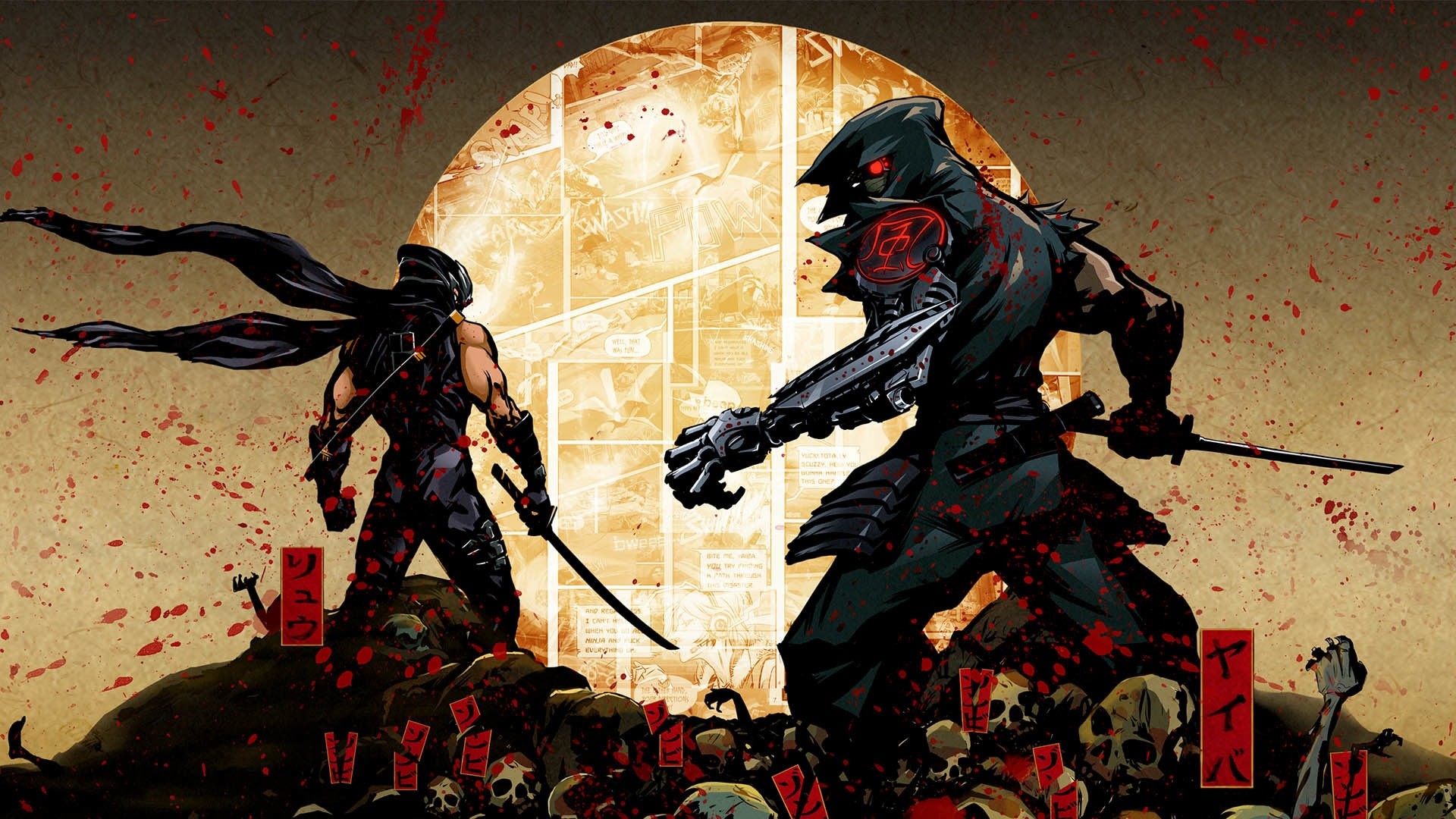 Ninja, Combattimento, Luna, Illustrazione, 1920x1080, sfondo per PC