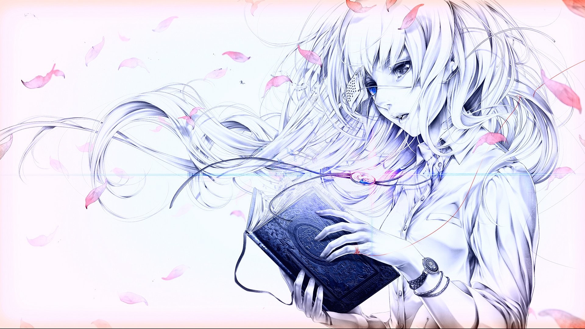 Ragazza anime, Libro, Petali, Pastello, Full HD, sfondo per PC e portatile
