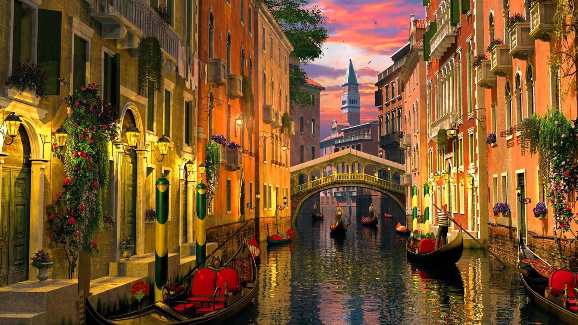 Venezia, Canale, Gondole, Ponte, Tramonto, Full HD, sfondo Windows 11