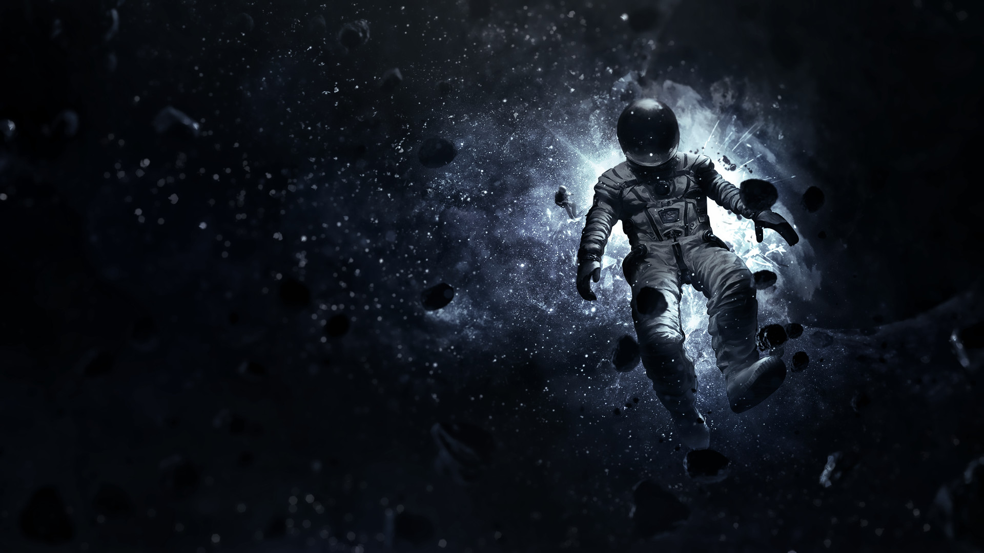 Astronauta, Asteroidi, Spazio, Bianco e nero, 1920x1080, sfondo per PC