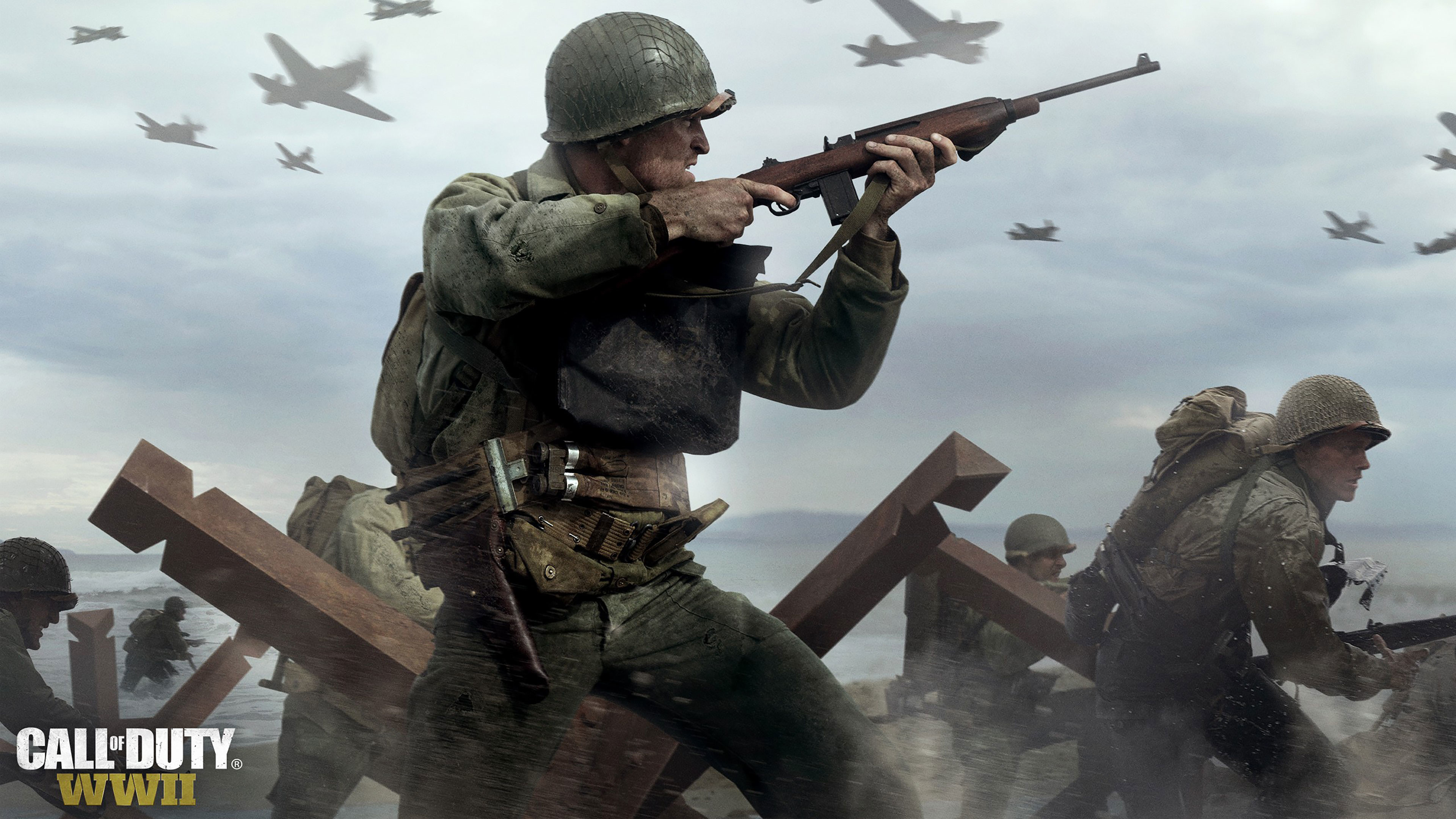 Call of Duty: WWII, Sbarco in Normandia, Soldati, Fucile, Aerei, sfondo 16:9 4K