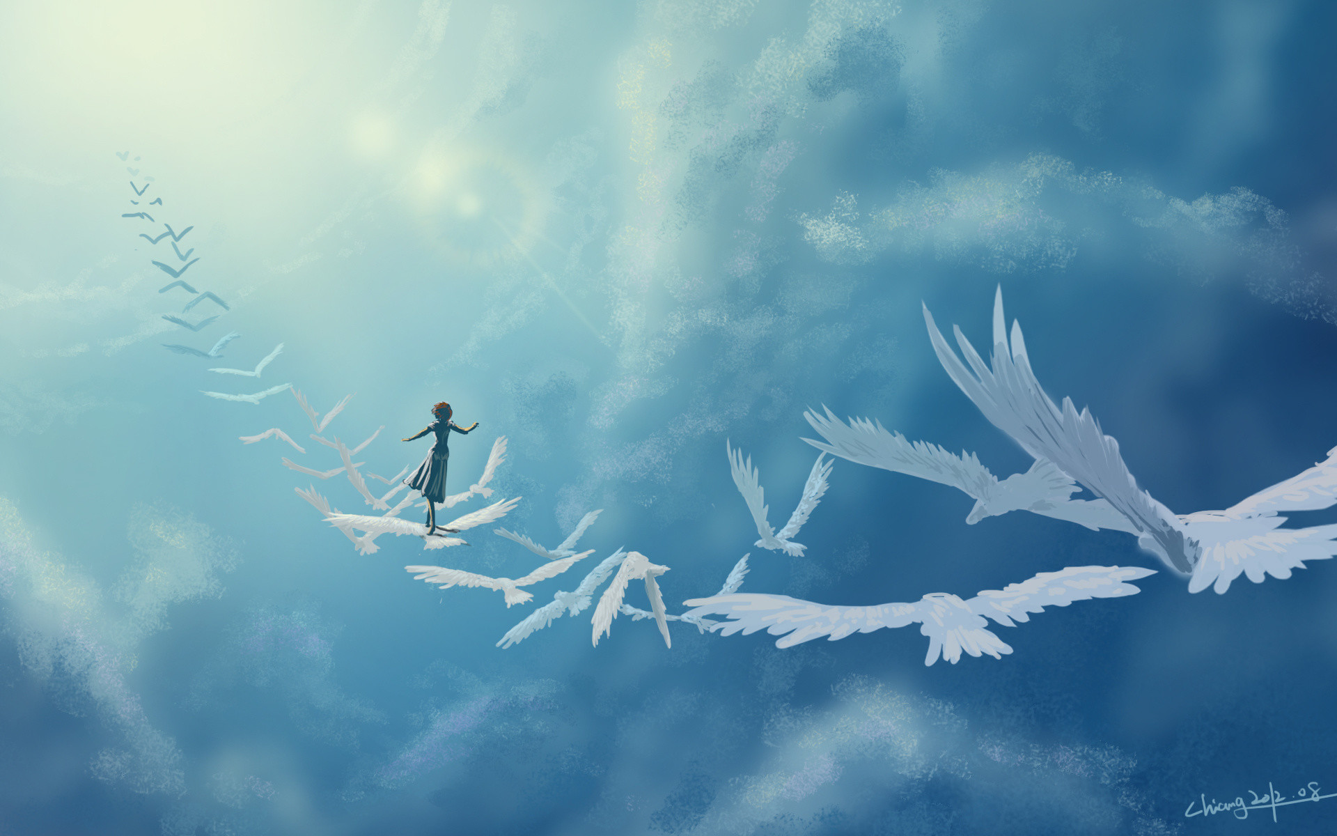 Ragazza, Uccelli di carta, Cielo, Arte surreale, Azzurro, 1920x1200, sfondo MacBook Pro