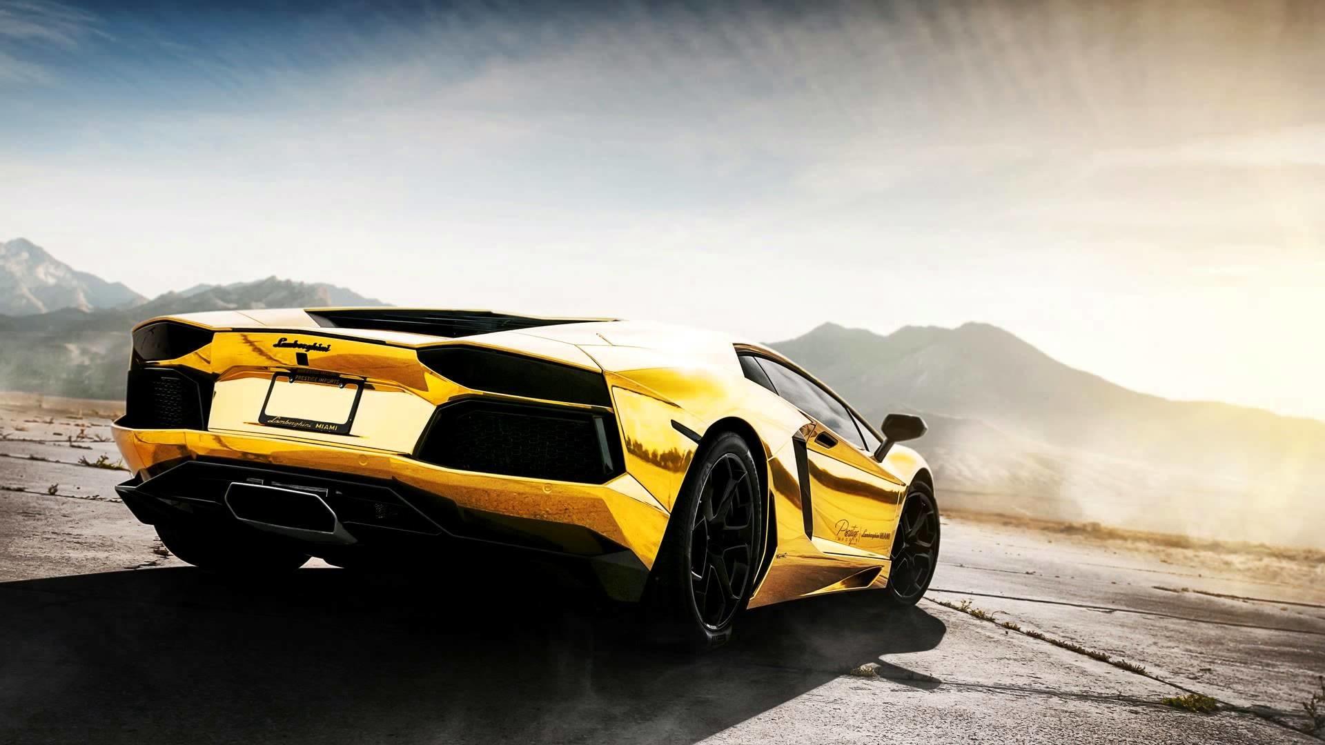 Lamborghini Aventador, Oro, Montagne, Vista posteriore, Full HD, sfondo Windows 11
