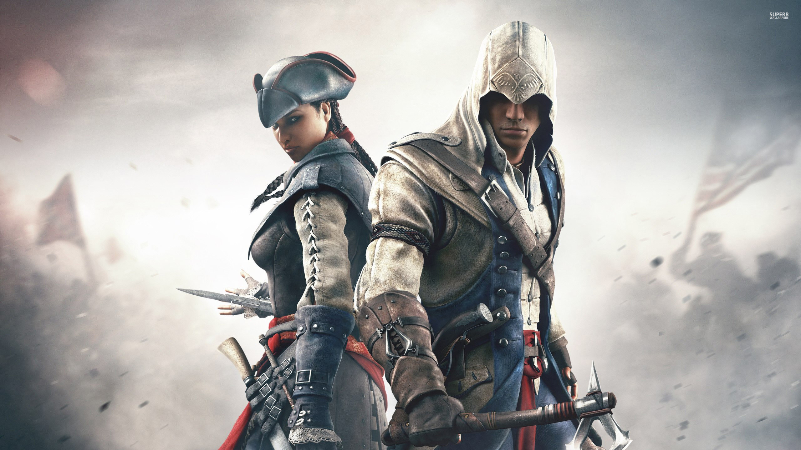 Aveline de Grandpré, Connor Kenway, Assassin's Creed III, Battaglia, Nebbia, sfondo 1440p