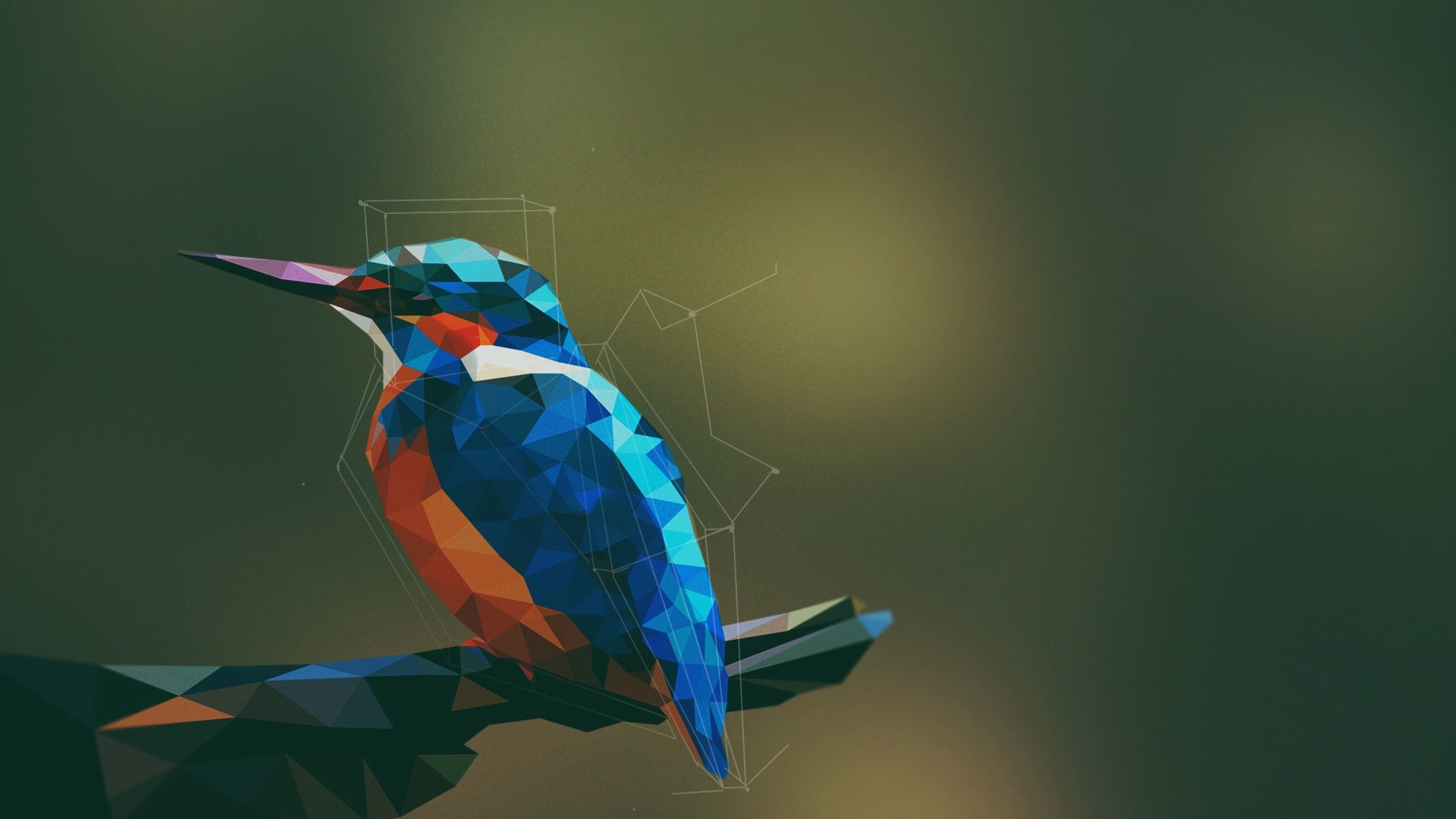 Low poly, Martin pescatore, Uccello, Ramo, 1920x1080, sfondo per PC