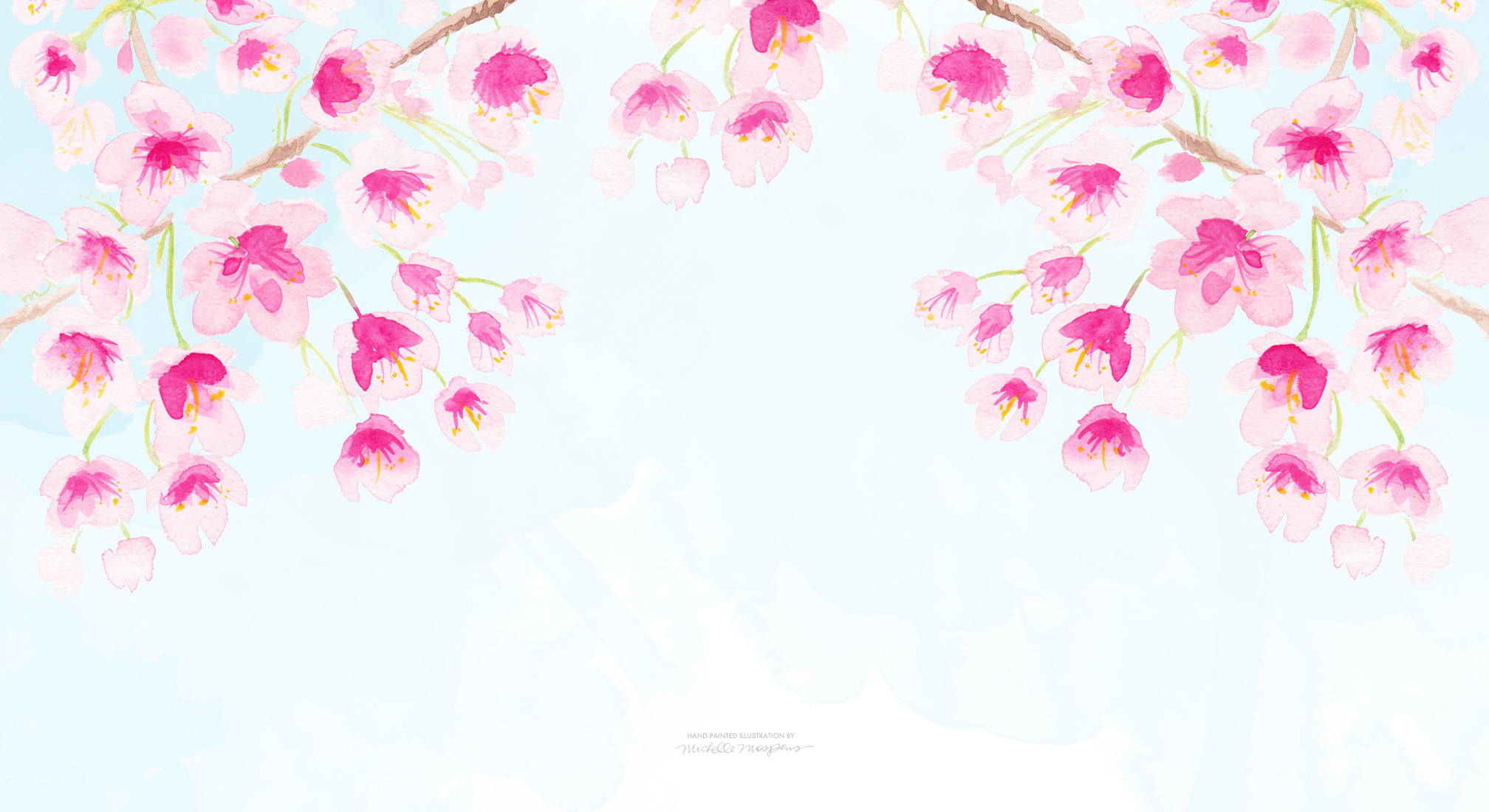 Fiori di ciliegio, Rami, Acquerello, Rosa, Azzurro, Full HD, sfondo per PC