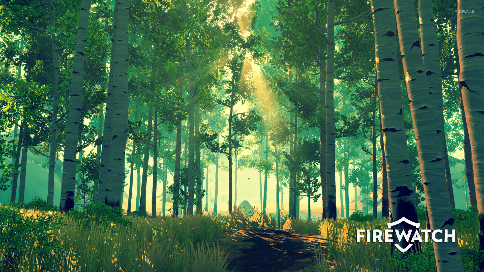 Firewatch, Logo, Foresta di betulle, Raggi di sole, Full HD, sfondo per PC e portatile