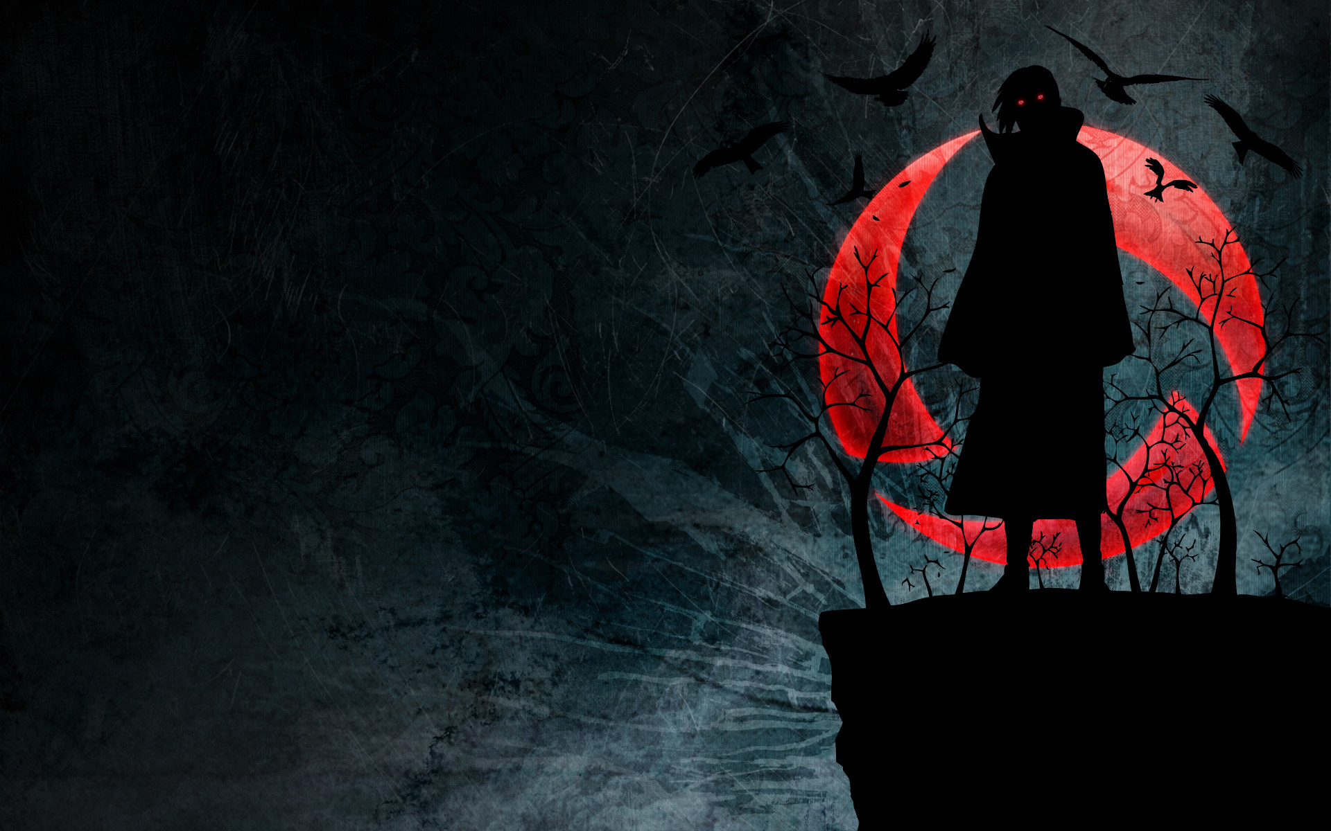 Itachi Uchiha, Naruto, Sharingan, Corvi, Silhouette, 16:10 Full HD, wallpaper widescreen