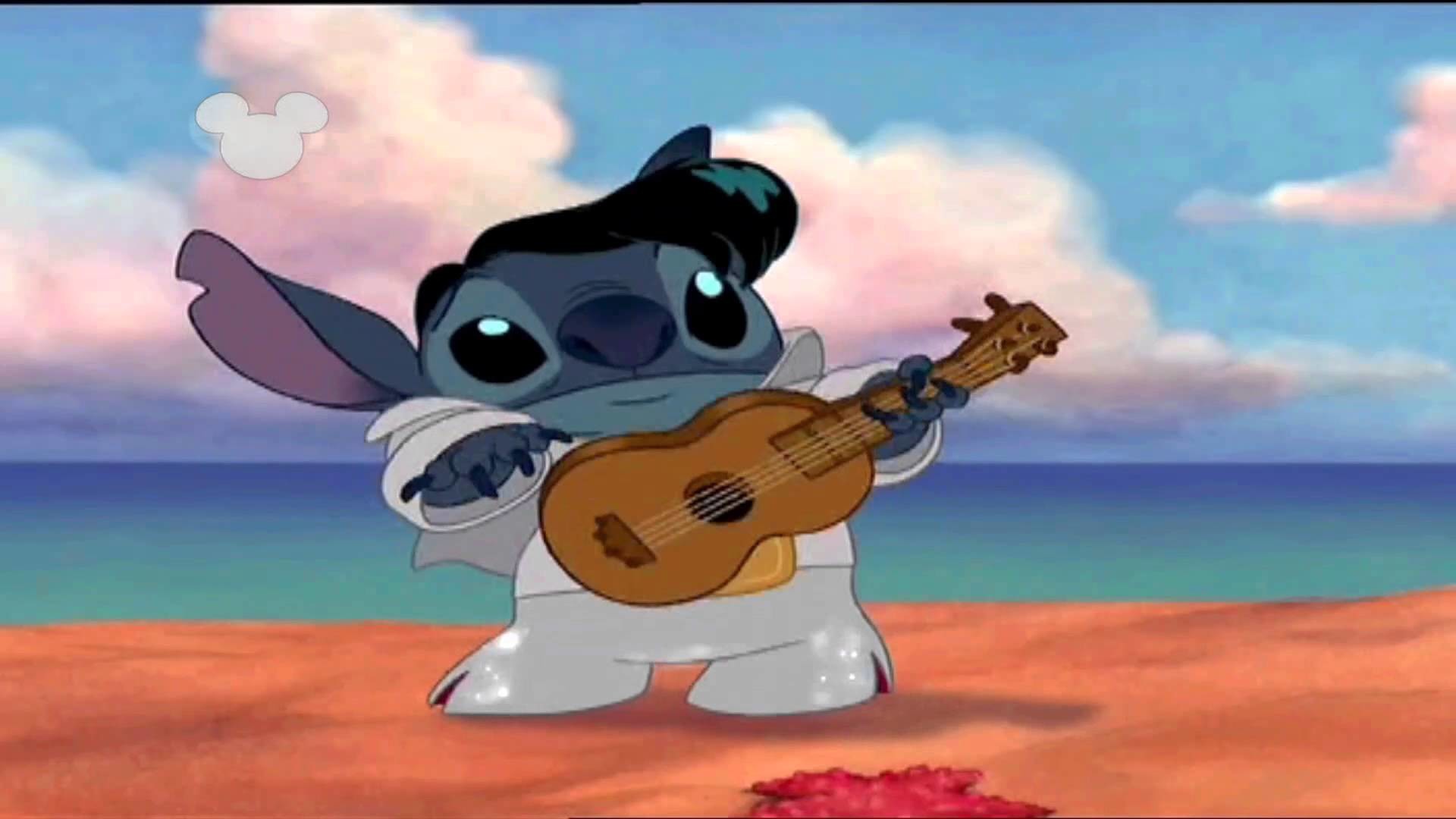 Stitch, Lilo & Stitch, Disney, Elvis Presley, Ukulele, Spiaggia, Cartone animato, sfondo per PC