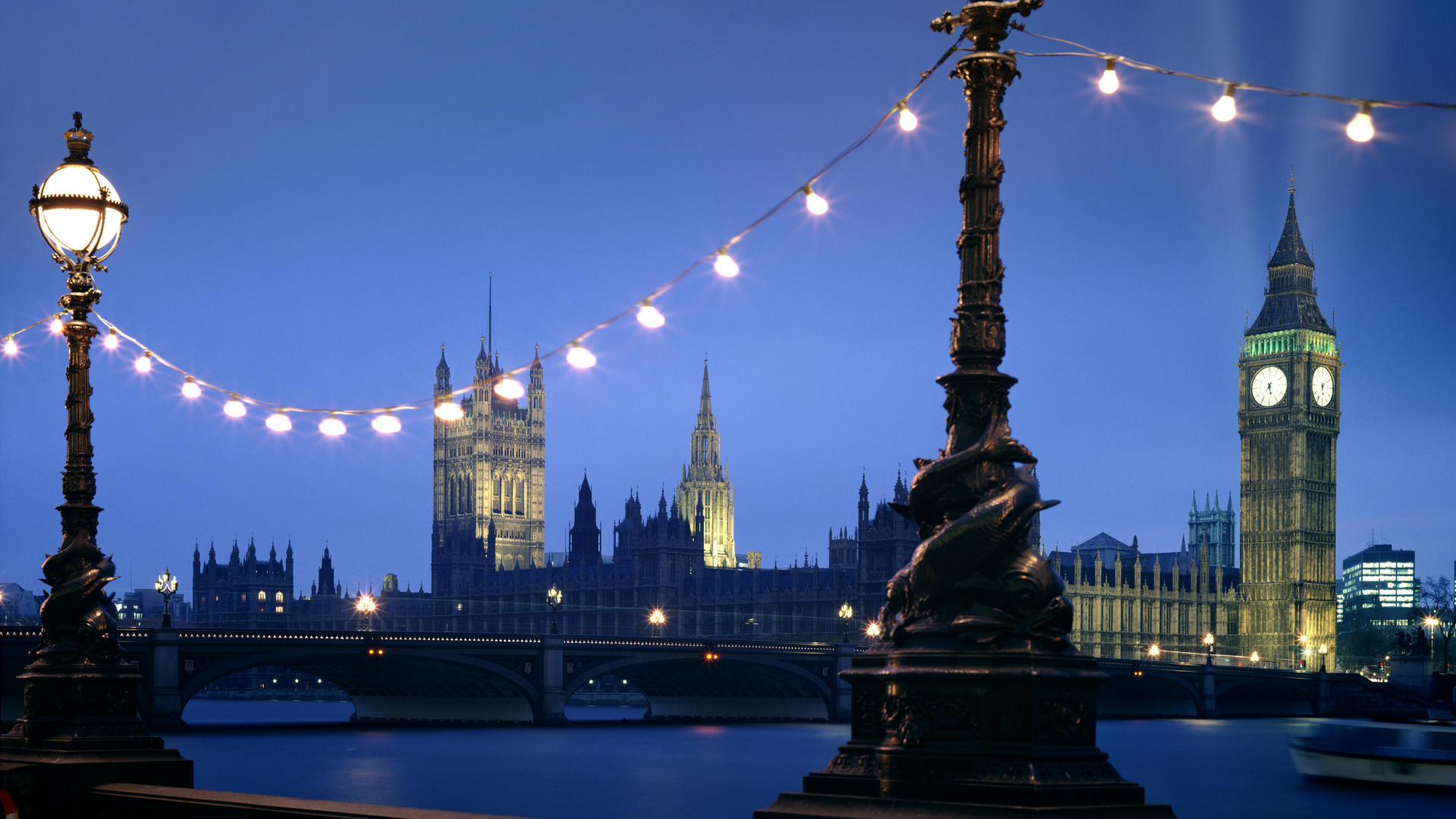 Big Ben, Palazzo di Westminster, Lampione, Londra, Ora blu, Full HD 1080p, sfondo desktop