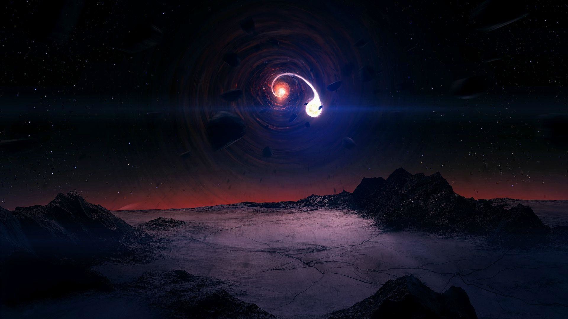 Buco nero, Paesaggio alieno, Montagne, Spazio, Notte, Full HD, sfondo per portatile