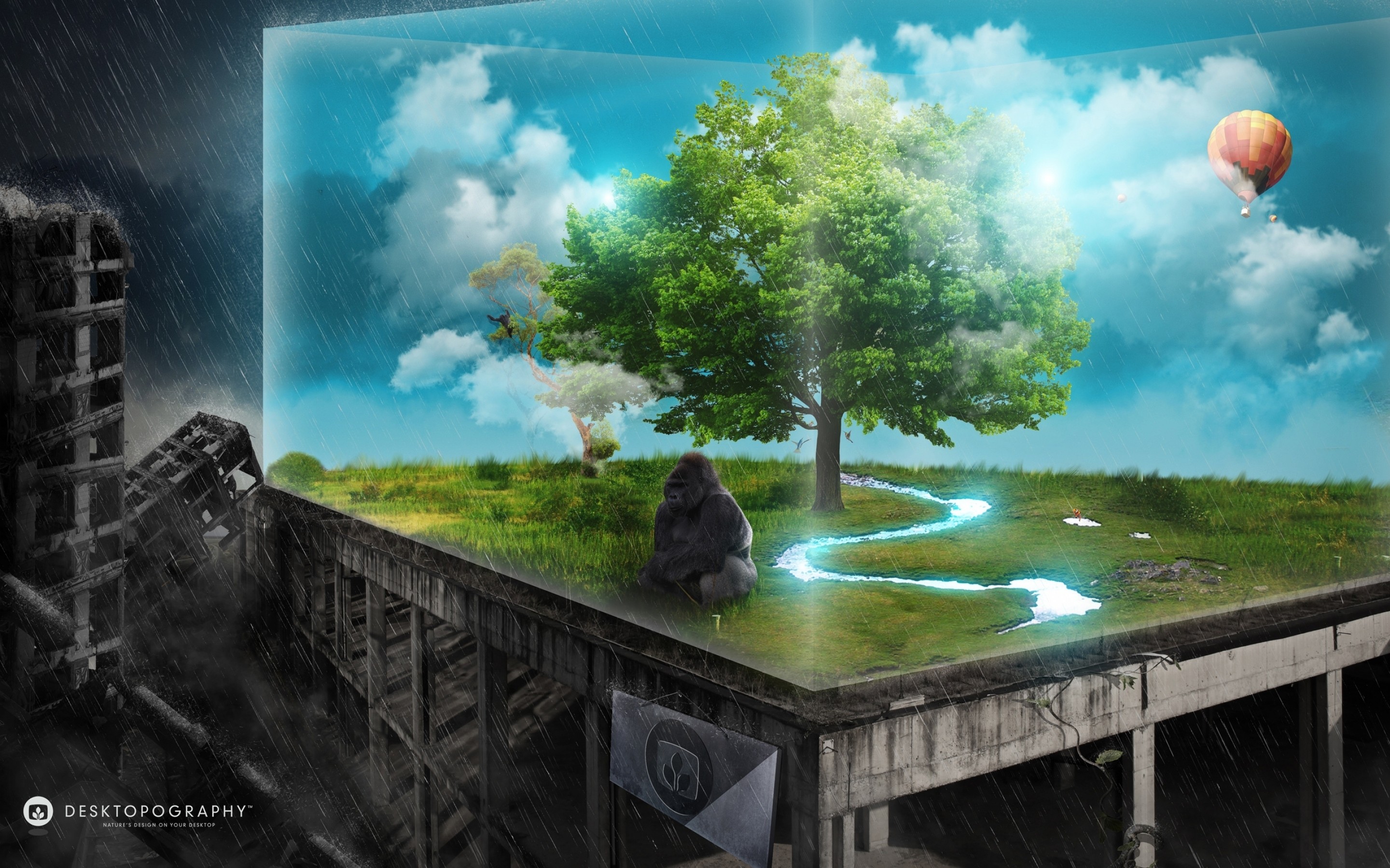 Albero, Surreale, Mongolfiera, Arte digitale, Desktopography, sfondo Windows 8 2K