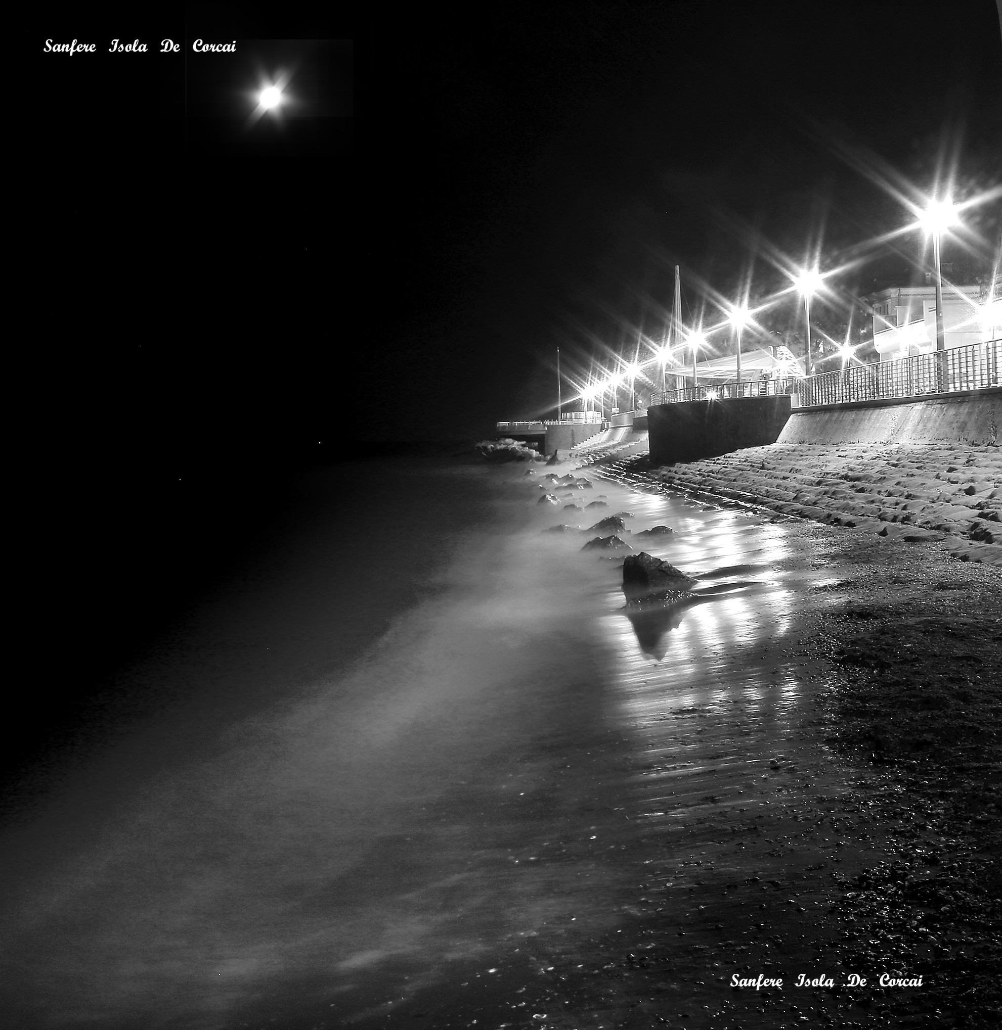 Lungomare, Notte, Lampioni, Bianco e nero, Full HD, sfondo per iPad e tablet