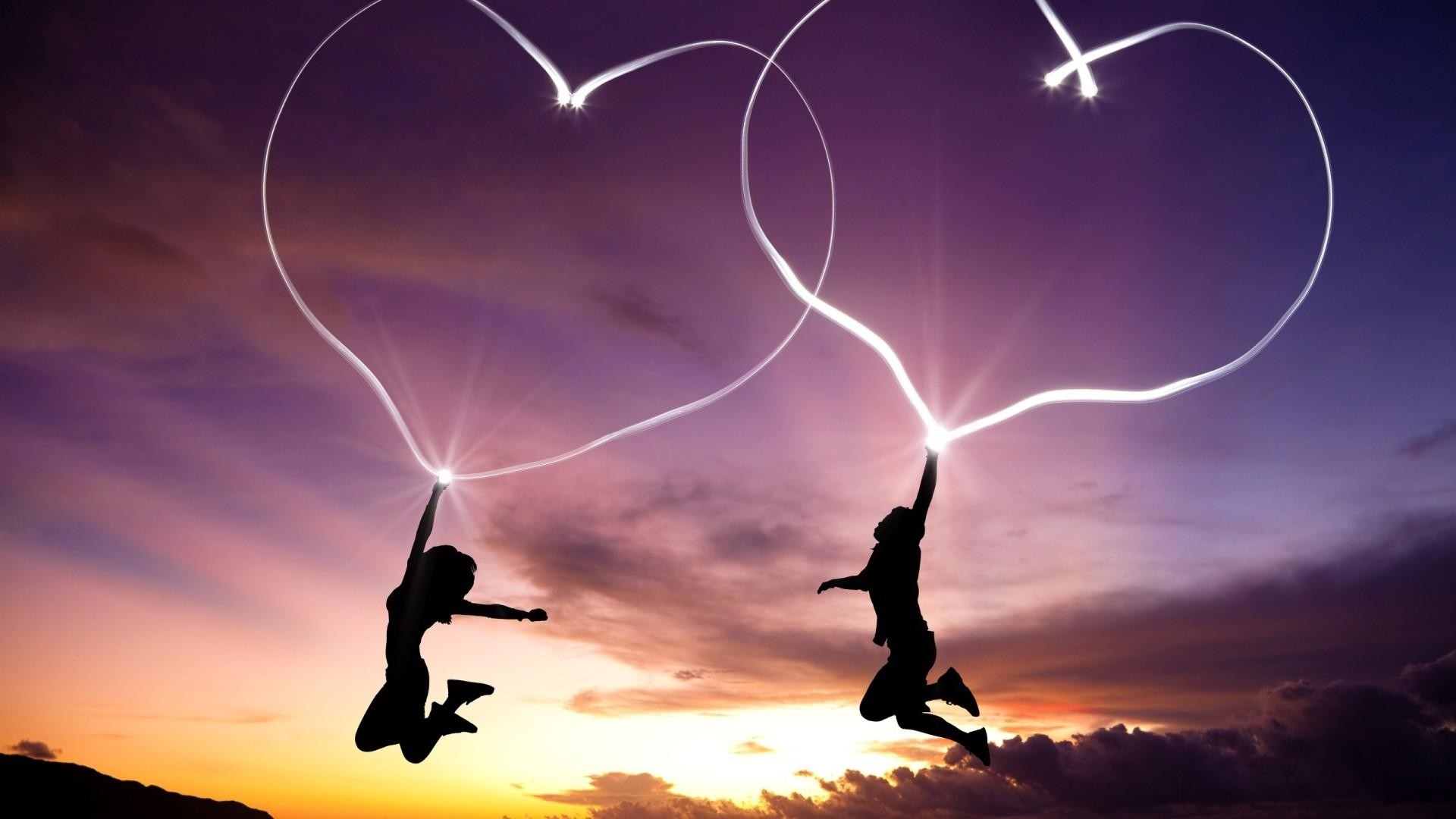 Coppia, Silhouette, Cuori di luce, Tramonto, Salto, Full HD 1080p, sfondo desktop