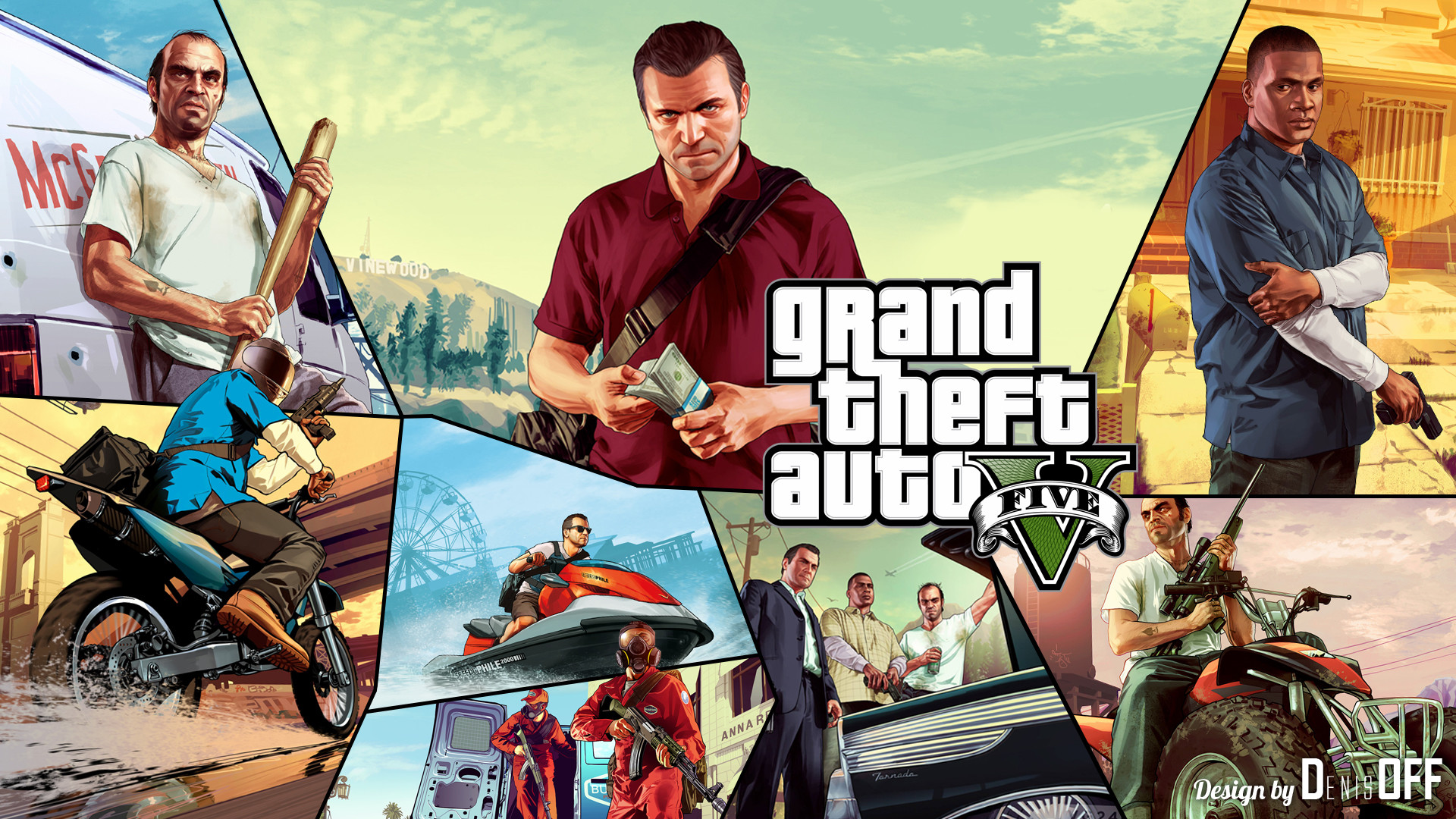 Grand Theft Auto V, Collage, Michael De Santa, Franklin Clinton, Trevor Philips, sfondo per PC