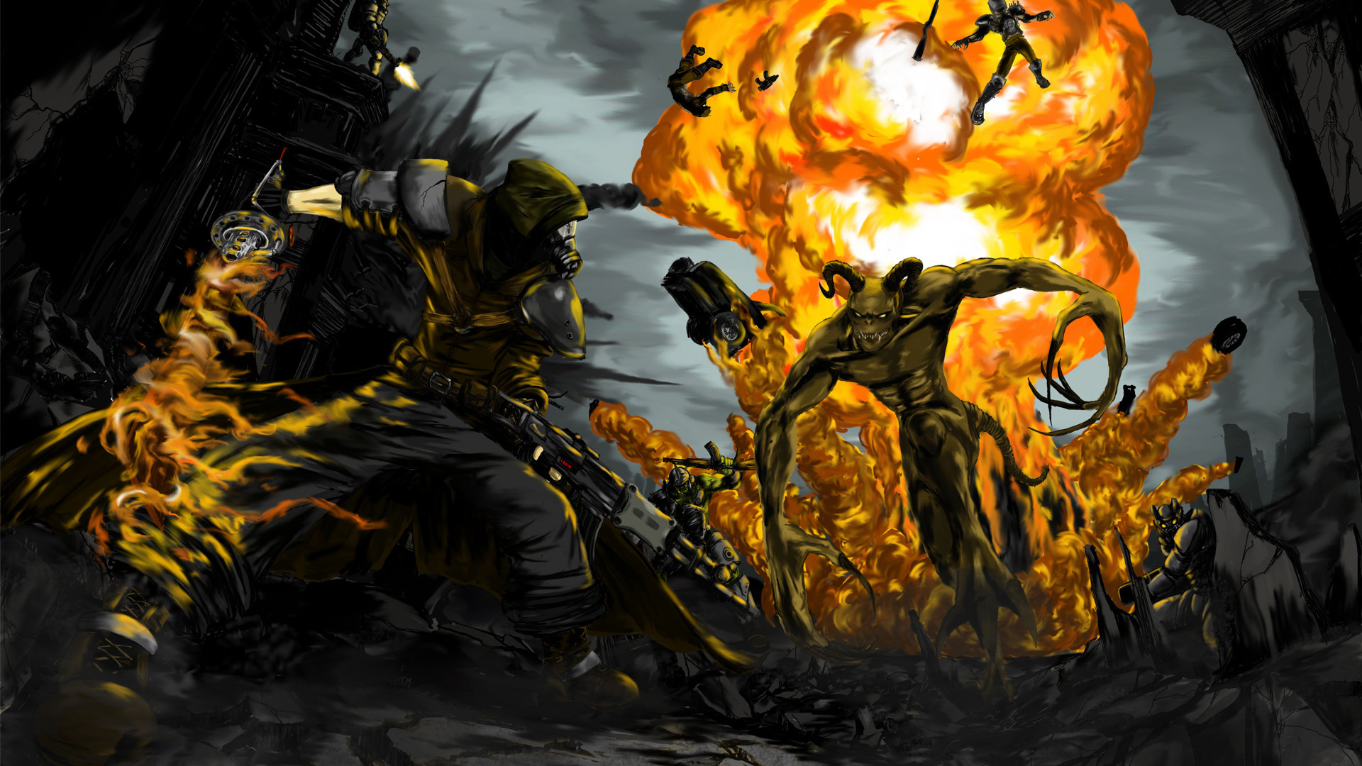 Fallout 4, Armatura atomica, Esplosione, Battaglia, 1920x1080, sfondo per PC