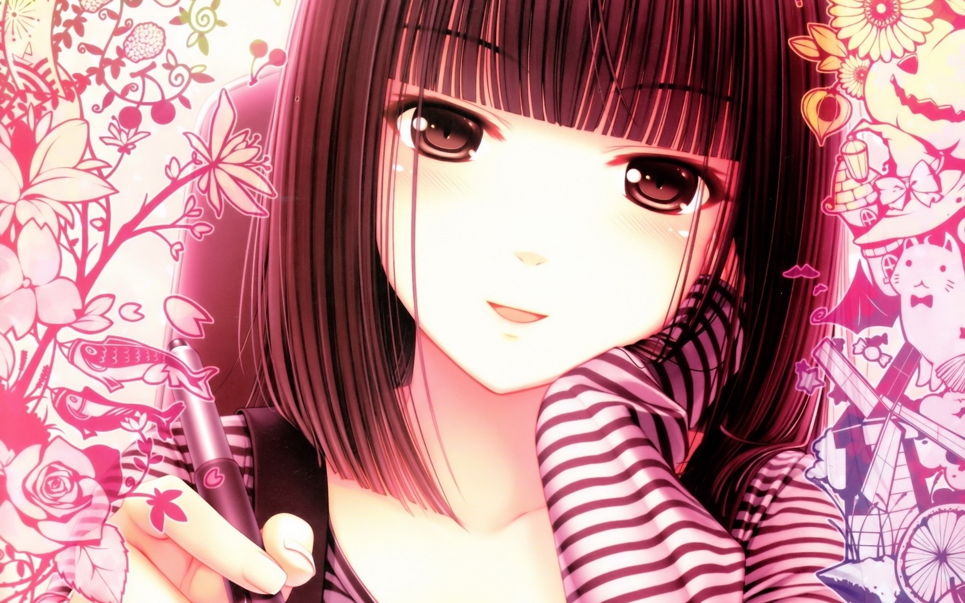 Ragazza anime, Capelli neri, Fiori, Rosa, Full HD, sfondo per PC