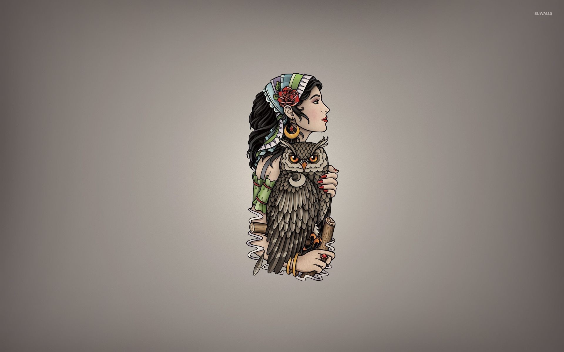 Gufo, Donna, Tatuaggio, Illustrazione, Full HD, sfondo per PC e portatile