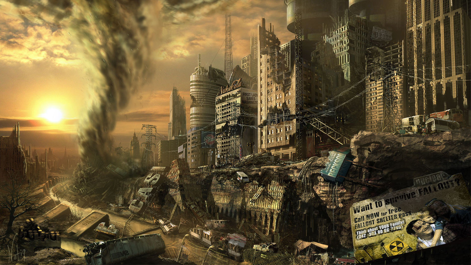 Fallout 3, Città in rovina, Tornado, Post-apocalittico, Tramonto, wallpaper Windows 11
