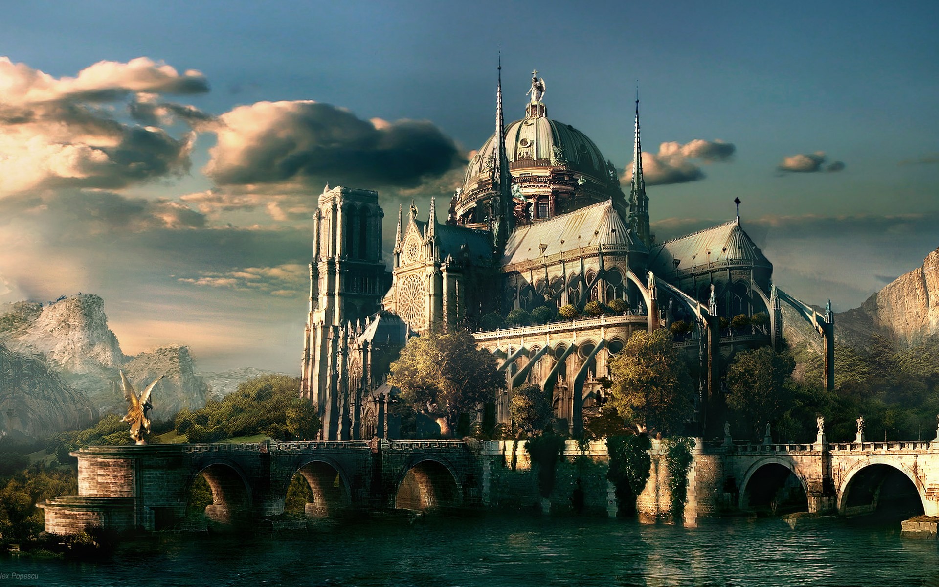 Castello fantasy, Cattedrale, Ponte, Arte digitale, Full HD, sfondo per il tuo computer
