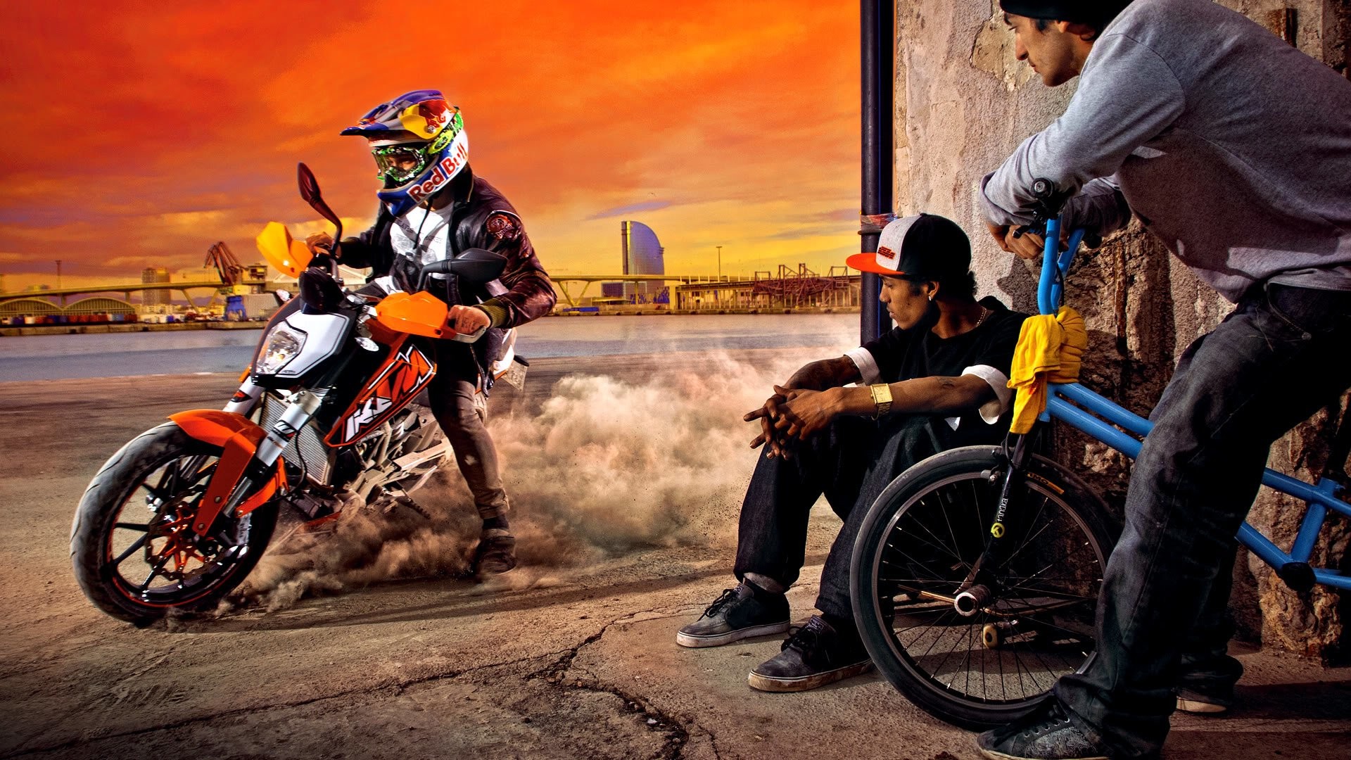 KTM Duke, Motocicletta, BMX, Tramonto, Città, 1920x1080, immagine di sfondo
