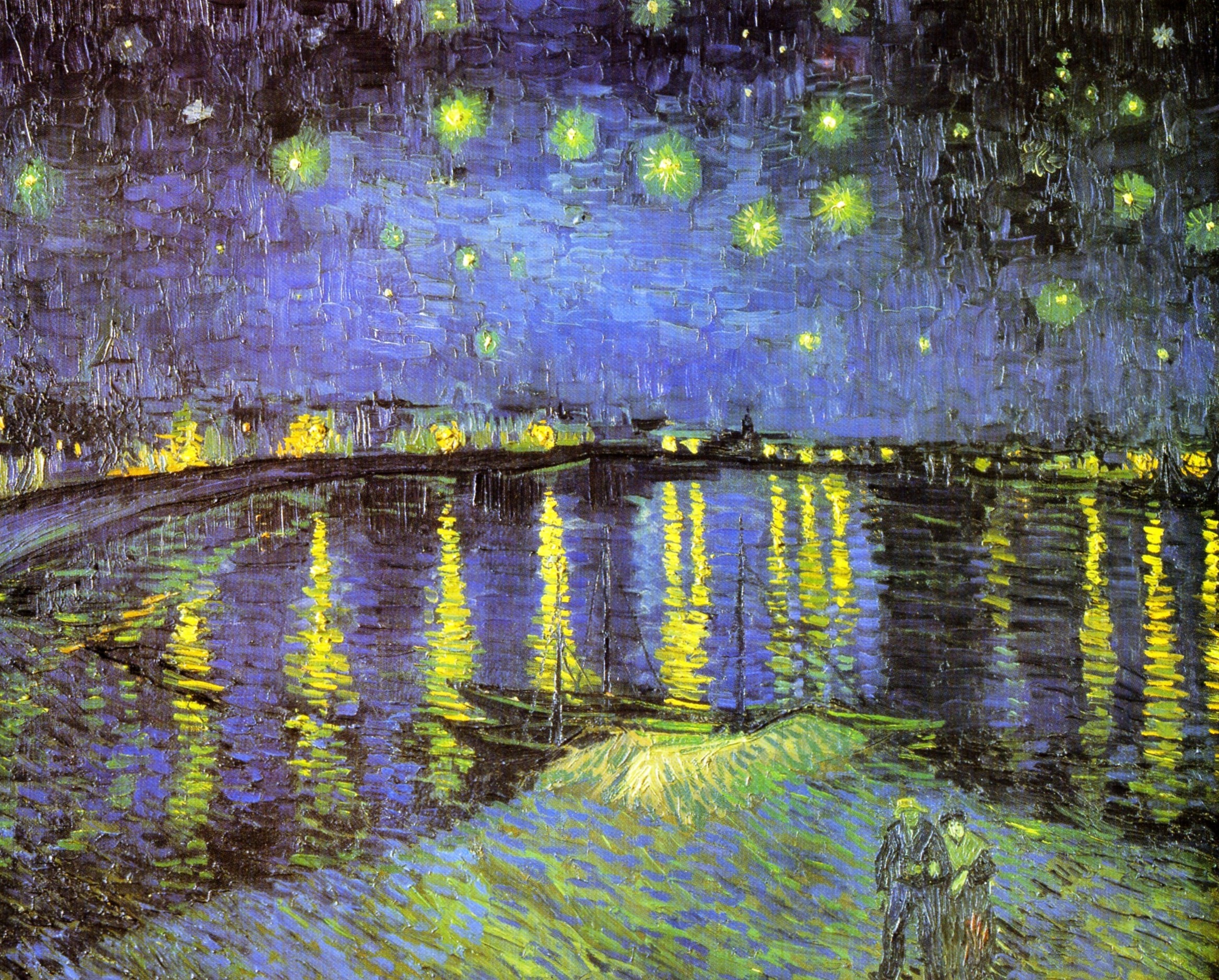 Notte stellata sul Rodano, Vincent van Gogh, Arles, Fiume, Riflessi, Notte, sfondo Full HD per computer