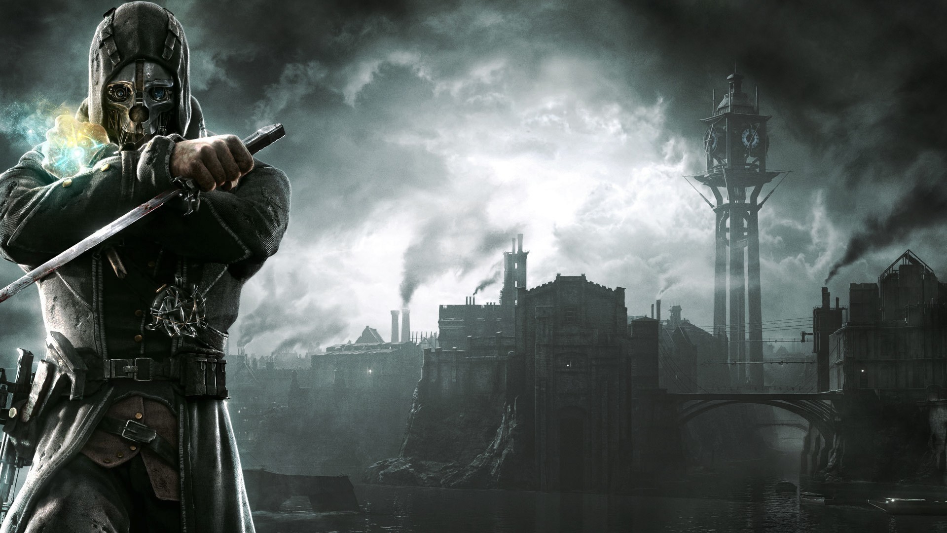 Corvo Attano, Dishonored, Dunwall, Torre, Cielo nuvoloso, Spada, sfondo 1920x1080 per PC