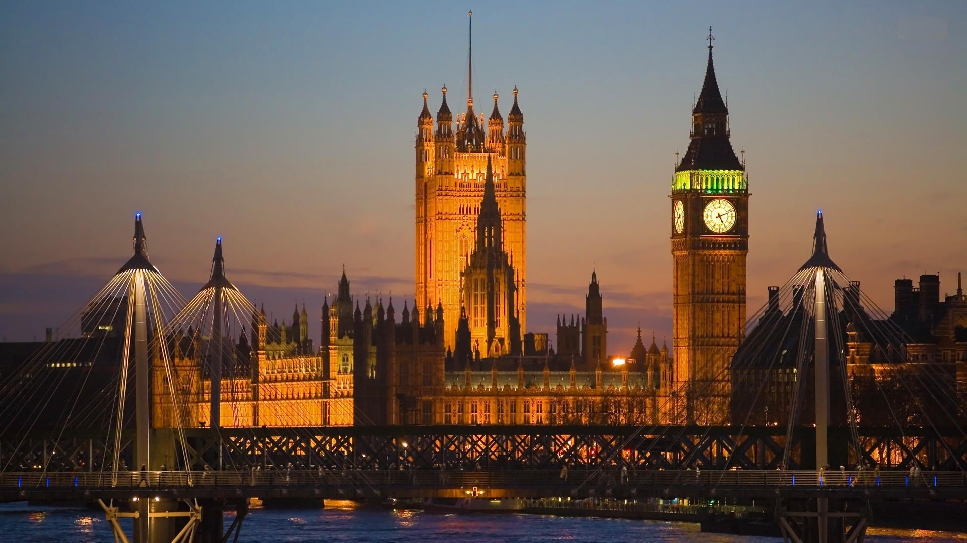 Palazzo di Westminster, Big Ben, Golden Jubilee Bridges, Londra, Tramonto, sfondo per portatile