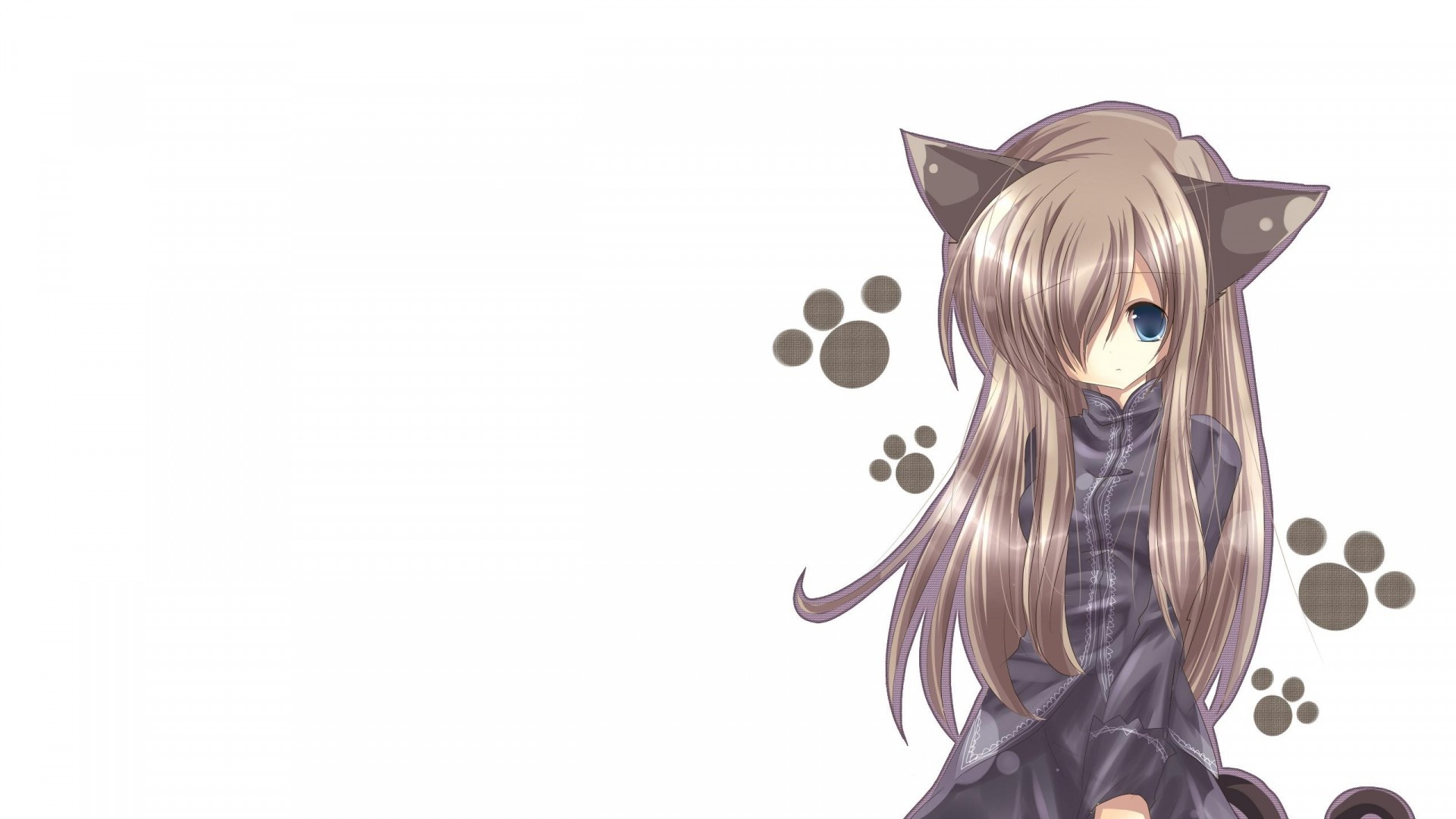 Ragazza anime, Orecchie da gatto, Impronte di zampe, Sfondo bianco, Chibi, wallpaper per portatile