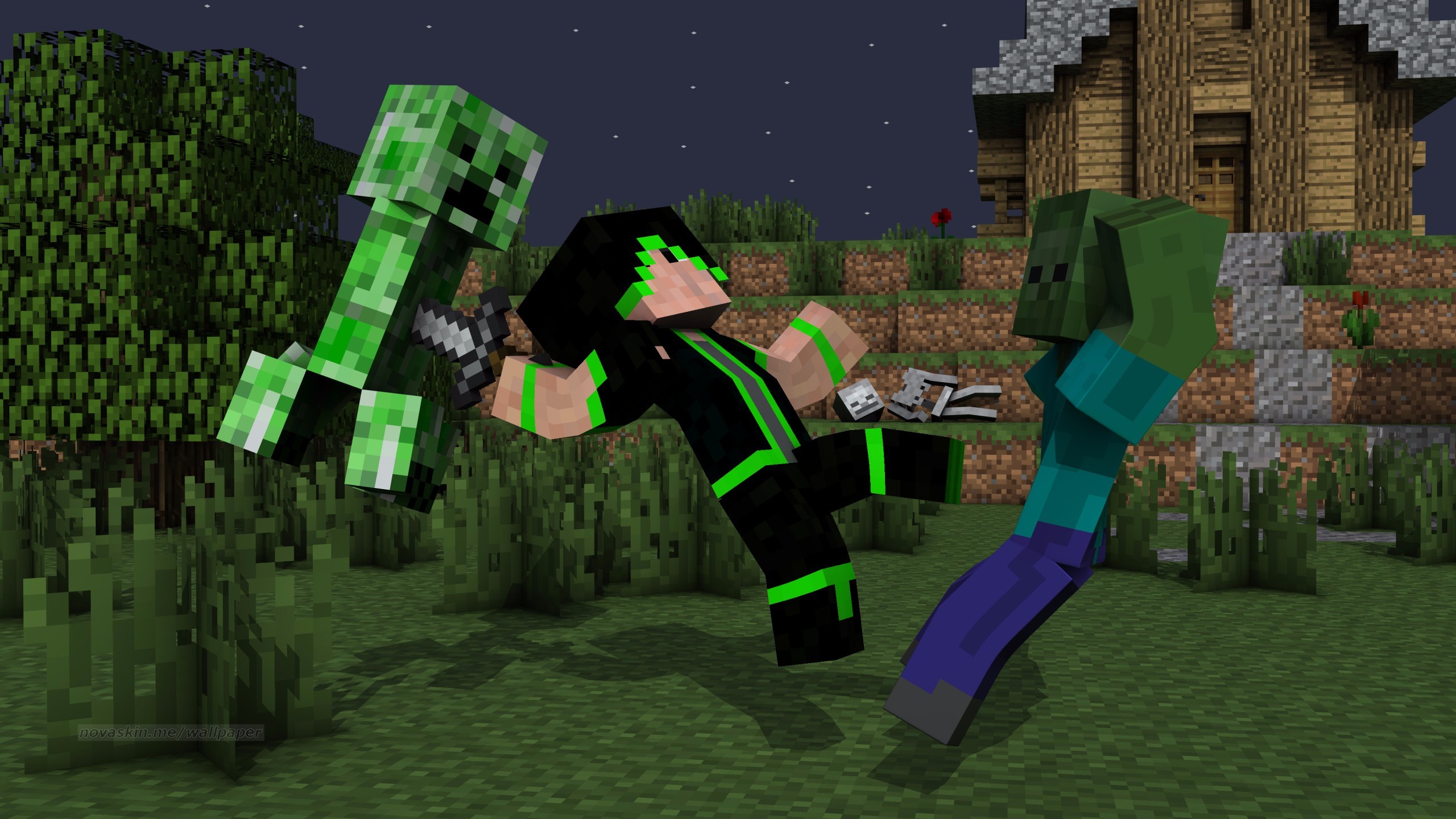 Minecraft, Creeper, Novaskin, Zombie, Notte, 2K, sfondo per PC