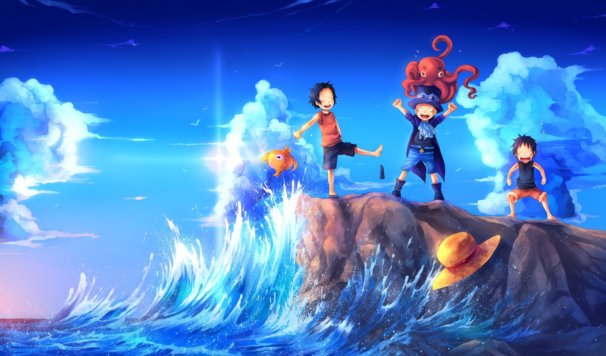 Monkey D. Luffy, Portgas D. Ace, Sabo, One Piece, Onde, Full HD, sfondo per PC e portatile